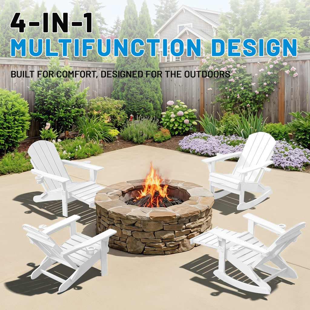 Easthome 4-in-1 Folding Adirondack Rocking Chair with Ottoman & Dual Cup Holders, Wood Texture HDPE All-Weather Outdoor Lounge Chair for Patio, Backyard, Pool