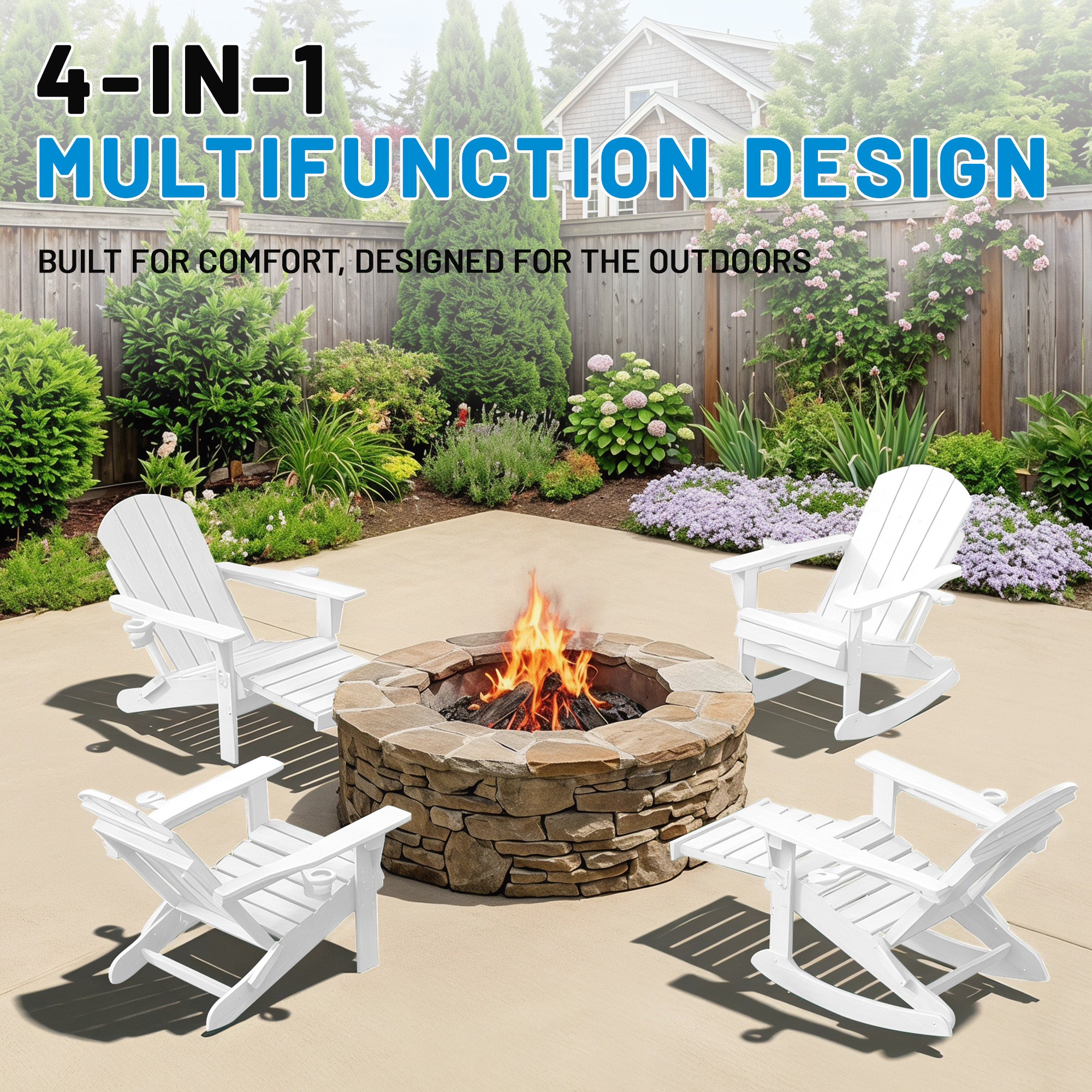 Easthome 4-in-1 Folding Adirondack Rocking Chair with Ottoman & Dual Cup Holders, Wood Texture HDPE All-Weather Outdoor Lounge Chair for Patio, Backyard, Pool