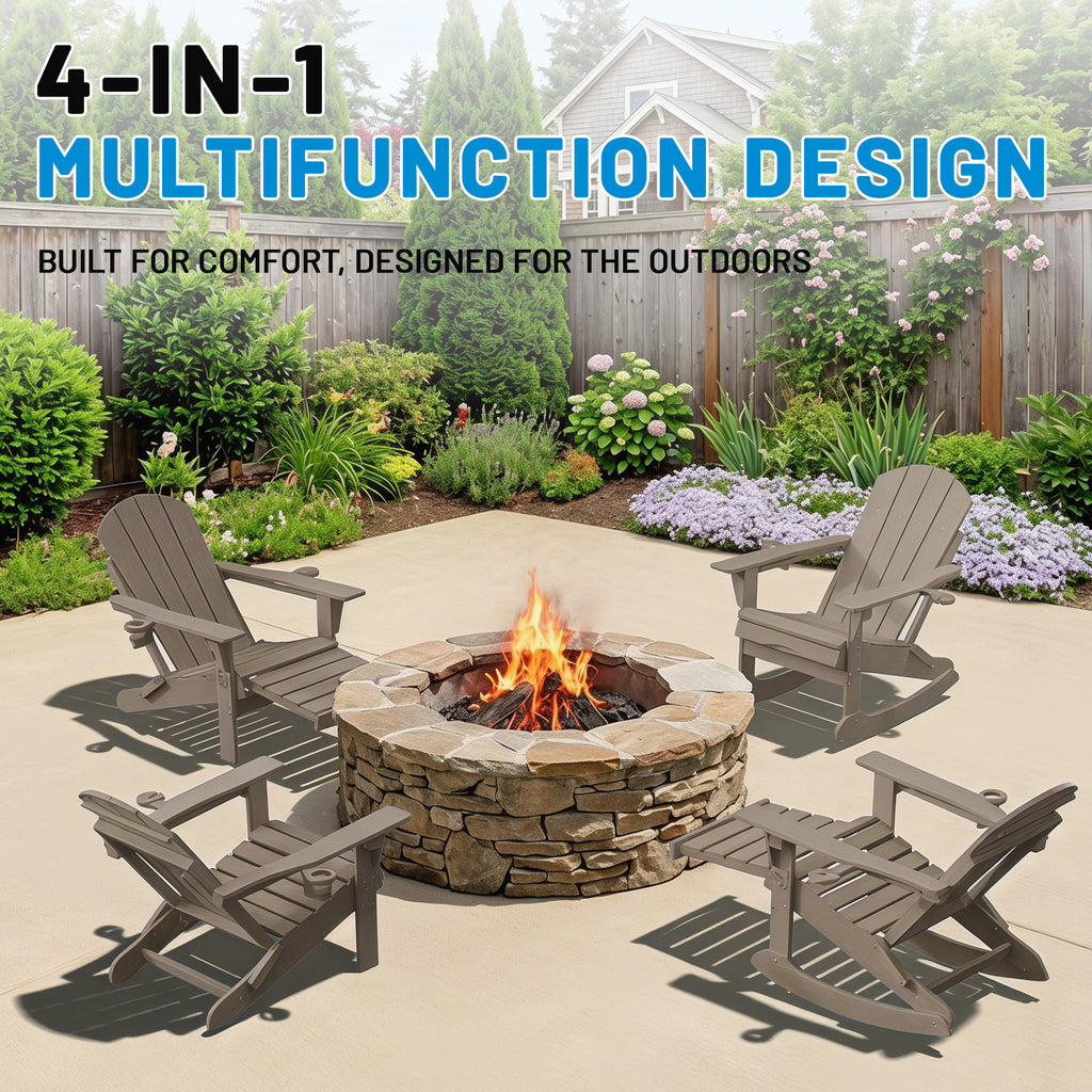Easthome 4-in-1 Folding Adirondack Rocking Chair with Ottoman & Dual Cup Holders, Wood Texture HDPE All-Weather Outdoor Lounge Chair for Patio, Backyard, Pool
