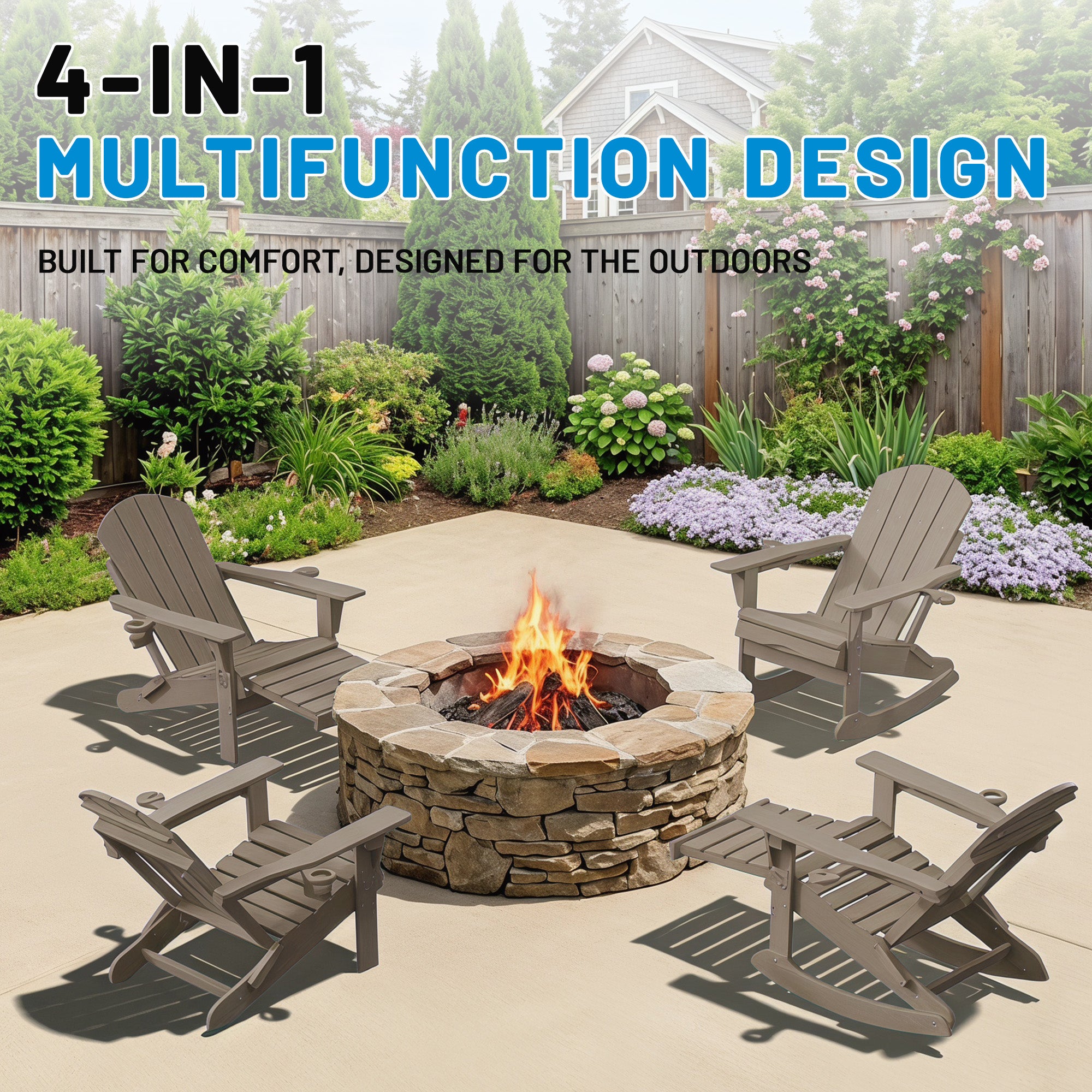 Easthome 4-in-1 Folding Adirondack Rocking Chair with Ottoman & Dual Cup Holders, Wood Texture HDPE All-Weather Outdoor Lounge Chair for Patio, Backyard, Pool