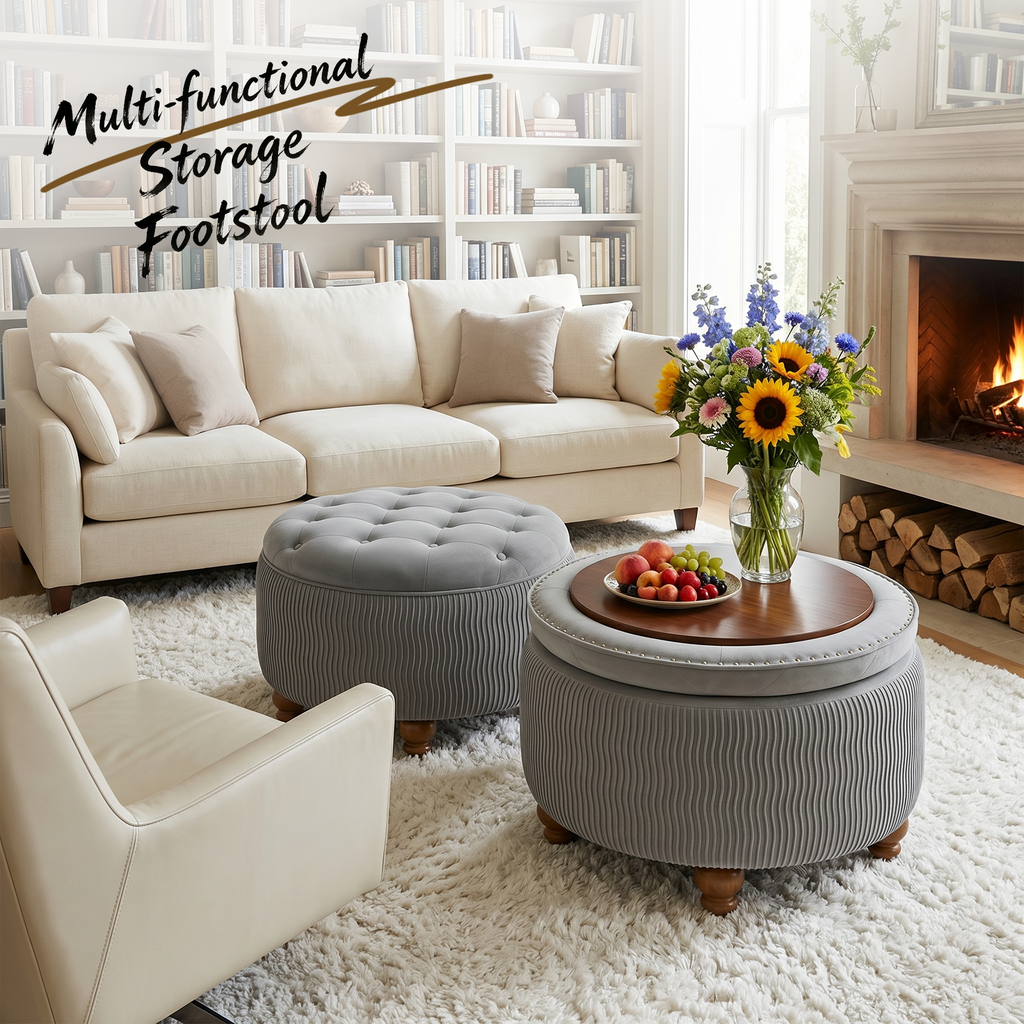 Easthome Round Storage Ottoman, Divided Compartment, Removable Top, Solid Wood Gourd-Shaped Legs, Button Tufted Multi-Function Footrest Bench for Living Room, Bedroom