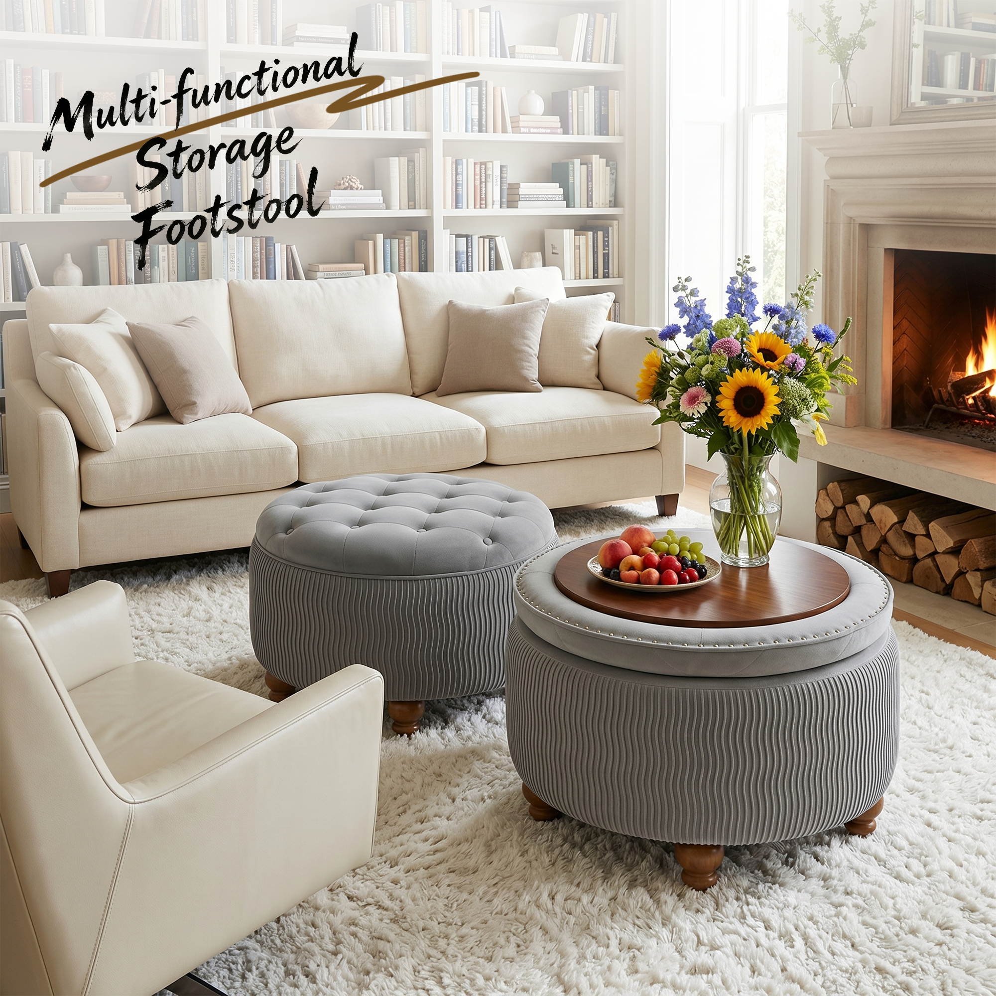 Easthome Round Storage Ottoman, Divided Compartment, Removable Top, Solid Wood Gourd-Shaped Legs, Button Tufted Multi-Function Footrest Bench for Living Room, Bedroom