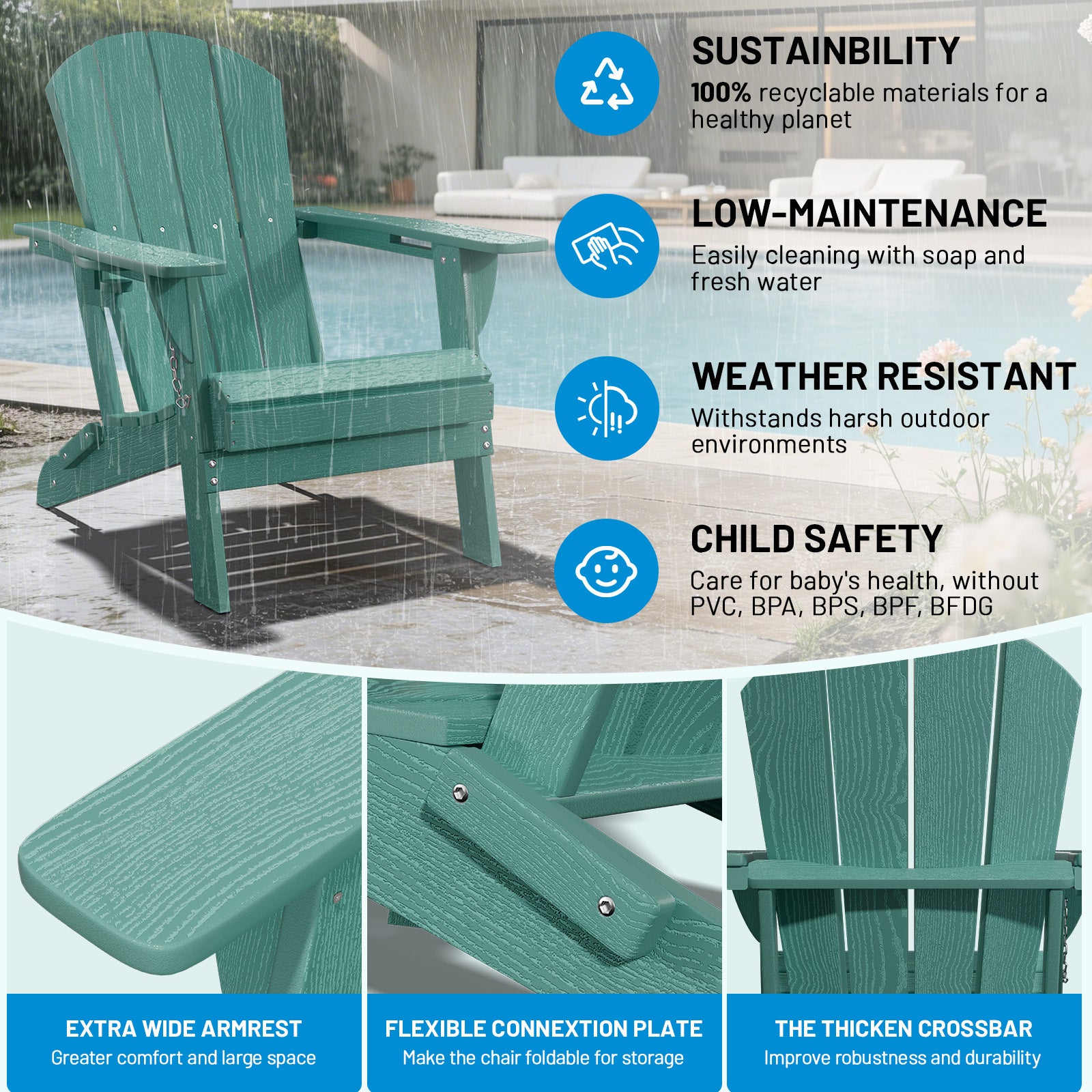 Easthome Adirondack Chair, HDPE All-Weather Outdoor Patio Lounge Chair with Cup Holder & 380lb Capacity for Deck, Garden, Poolside, Backyard