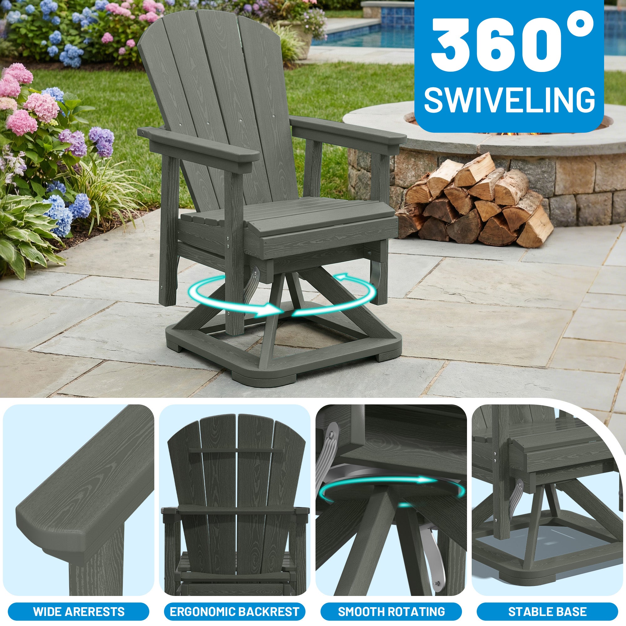 Easthome 360°Swivel Glider Adirondack Chair All-Weather HDPE Outdoor Rocking Chair with Ergonomic Backrest, Outdoor Swivel Rocker for Patio, Porch & Deck