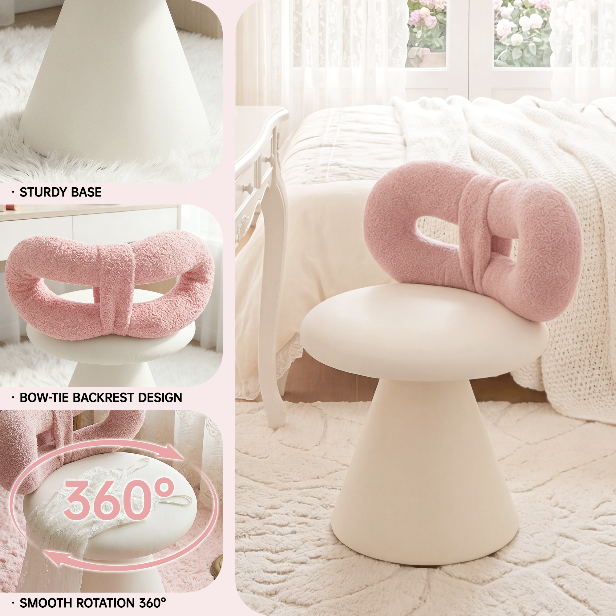 Easthome 360°Swivel Vanity Stool, Stain-Proof, Waterproof Round Bowtie Back Makeup Chair for Bedroom, Living Room, Vanity Room, Study