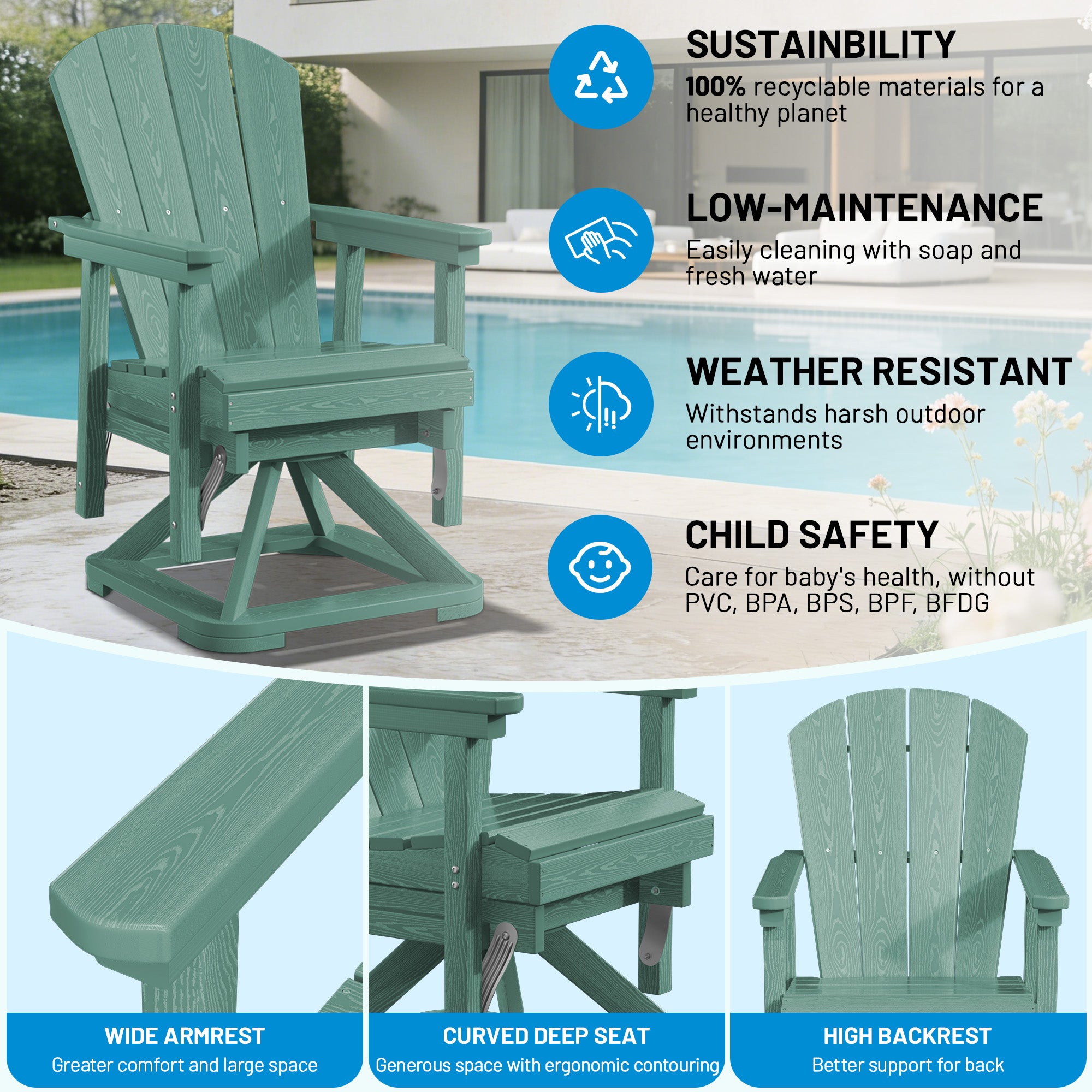 Easthome 360°Swivel Glider Adirondack Chair All-Weather HDPE Outdoor Rocking Chair with Ergonomic Backrest, Outdoor Swivel Rocker for Patio, Porch & Deck