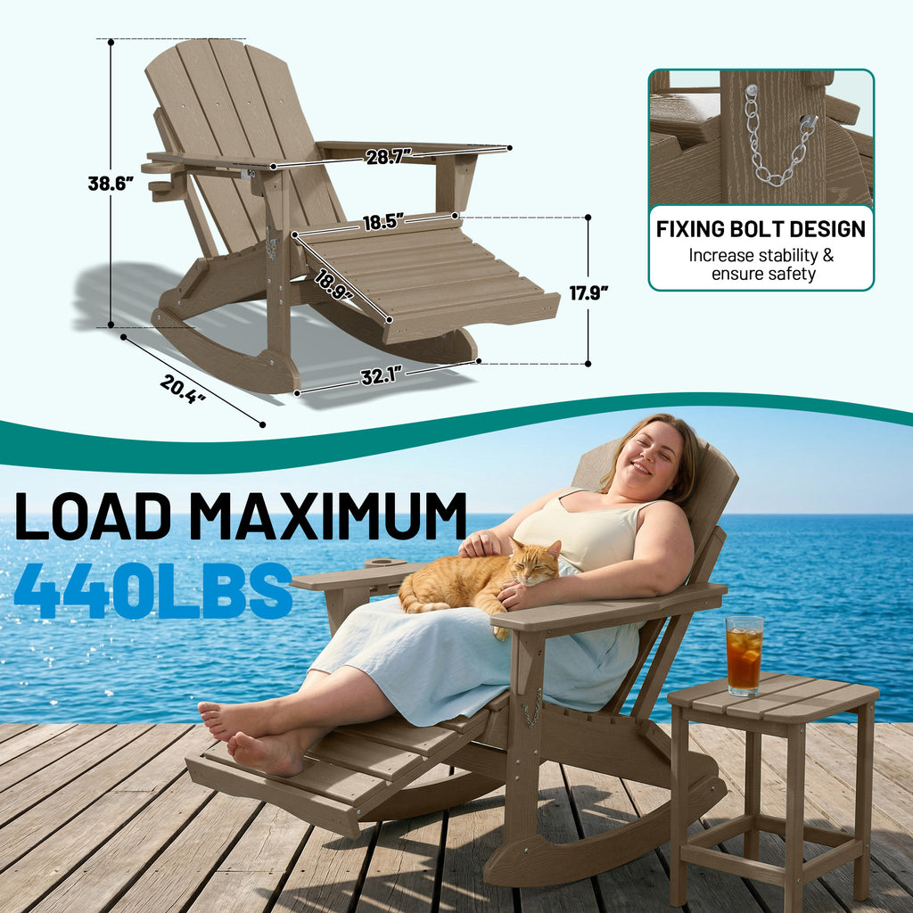 Easthome 4-in-1 Folding Adirondack Rocking Chair with Ottoman & Dual Cup Holders, Wood Texture HDPE All-Weather Outdoor Lounge Chair for Patio, Backyard, Pool