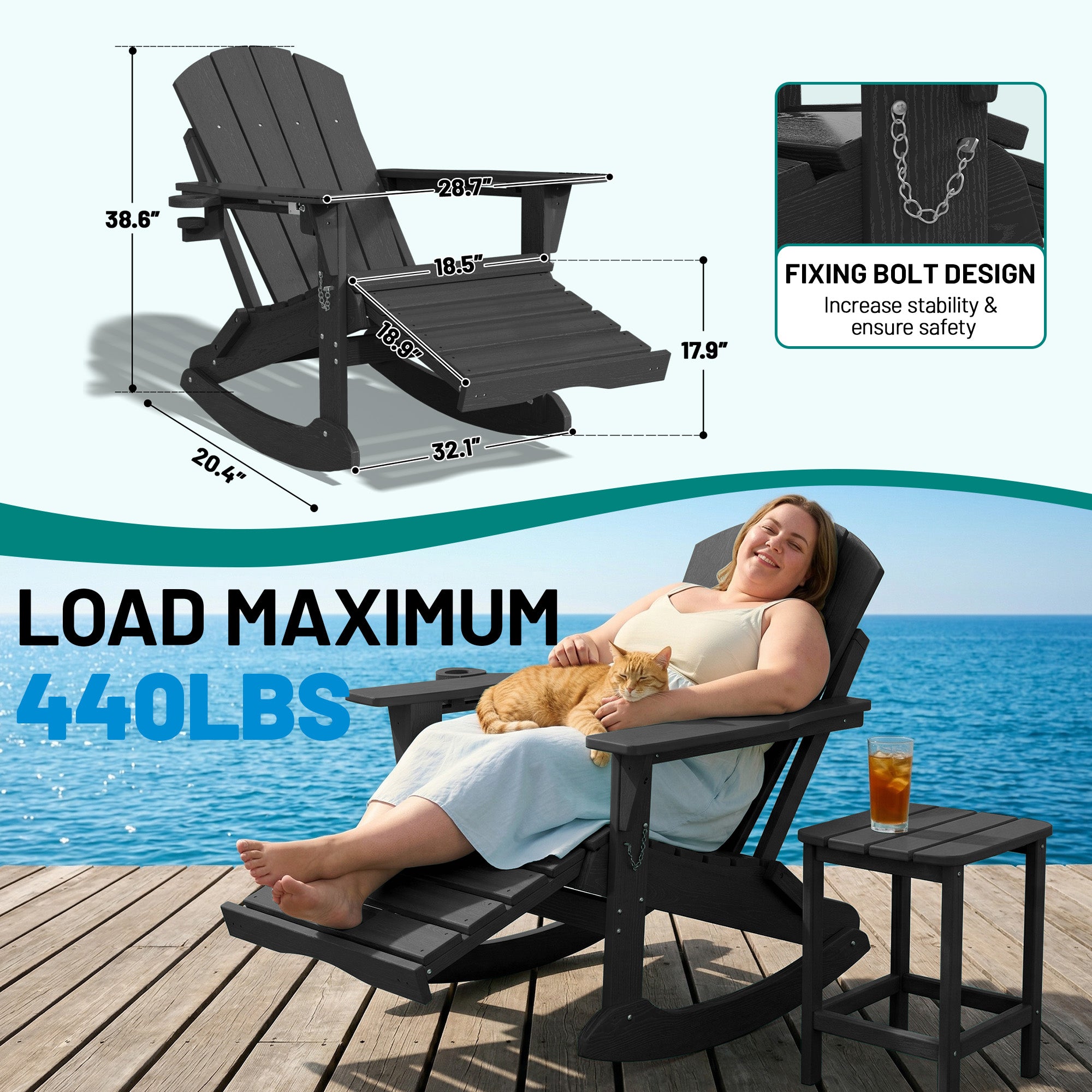 Easthome 4-in-1 Folding Adirondack Rocking Chair with Ottoman & Dual Cup Holders, Wood Texture HDPE All-Weather Outdoor Lounge Chair for Patio, Backyard, Pool