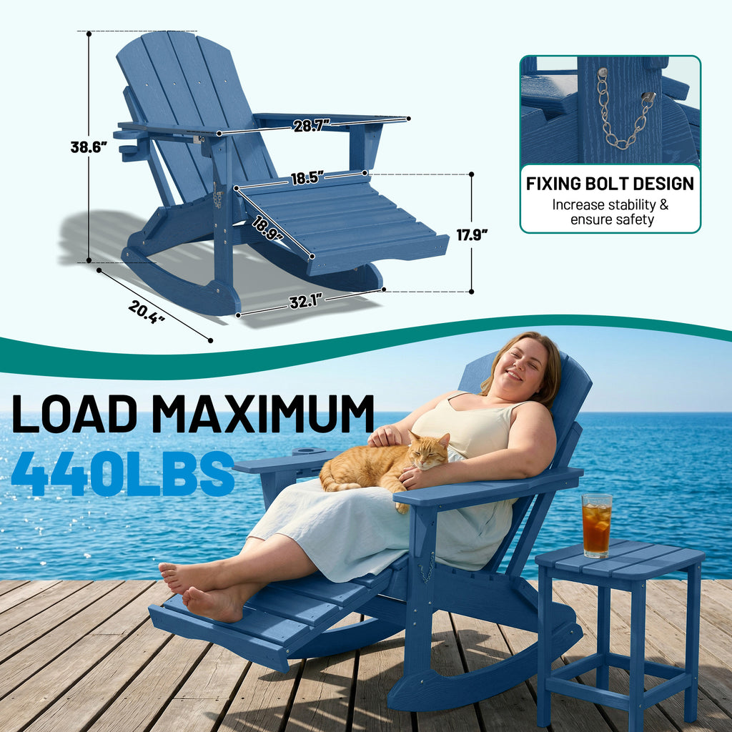 Easthome 4-in-1 Folding Adirondack Rocking Chair with Ottoman & Dual Cup Holders, Wood Texture HDPE All-Weather Outdoor Lounge Chair for Patio, Backyard, Pool