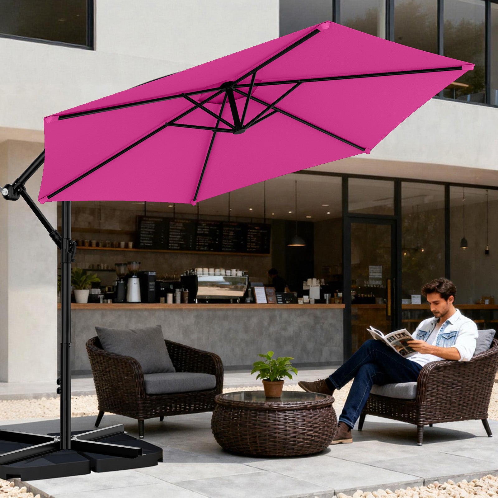 Easthome 10ft Offset Hanging Market Patio Umbrella for Backyard, Poolside, Lawn and Garden w/Easy Tilt Adjustment, Polyester Shade, 6 Ribs
