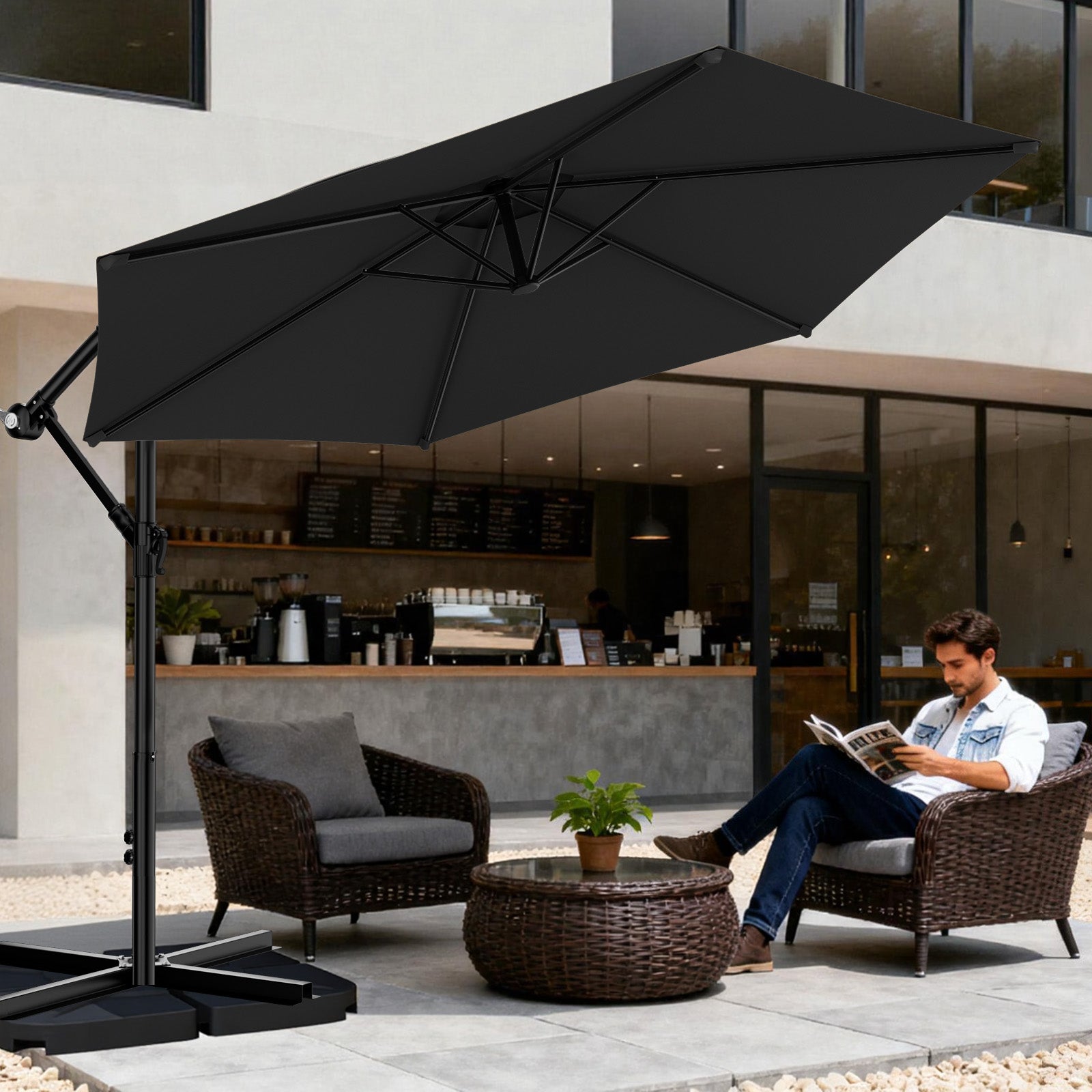 Easthome 10ft Offset Hanging Market Patio Umbrella for Backyard, Poolside, Lawn and Garden w/Easy Tilt Adjustment, Polyester Shade, 6 Ribs