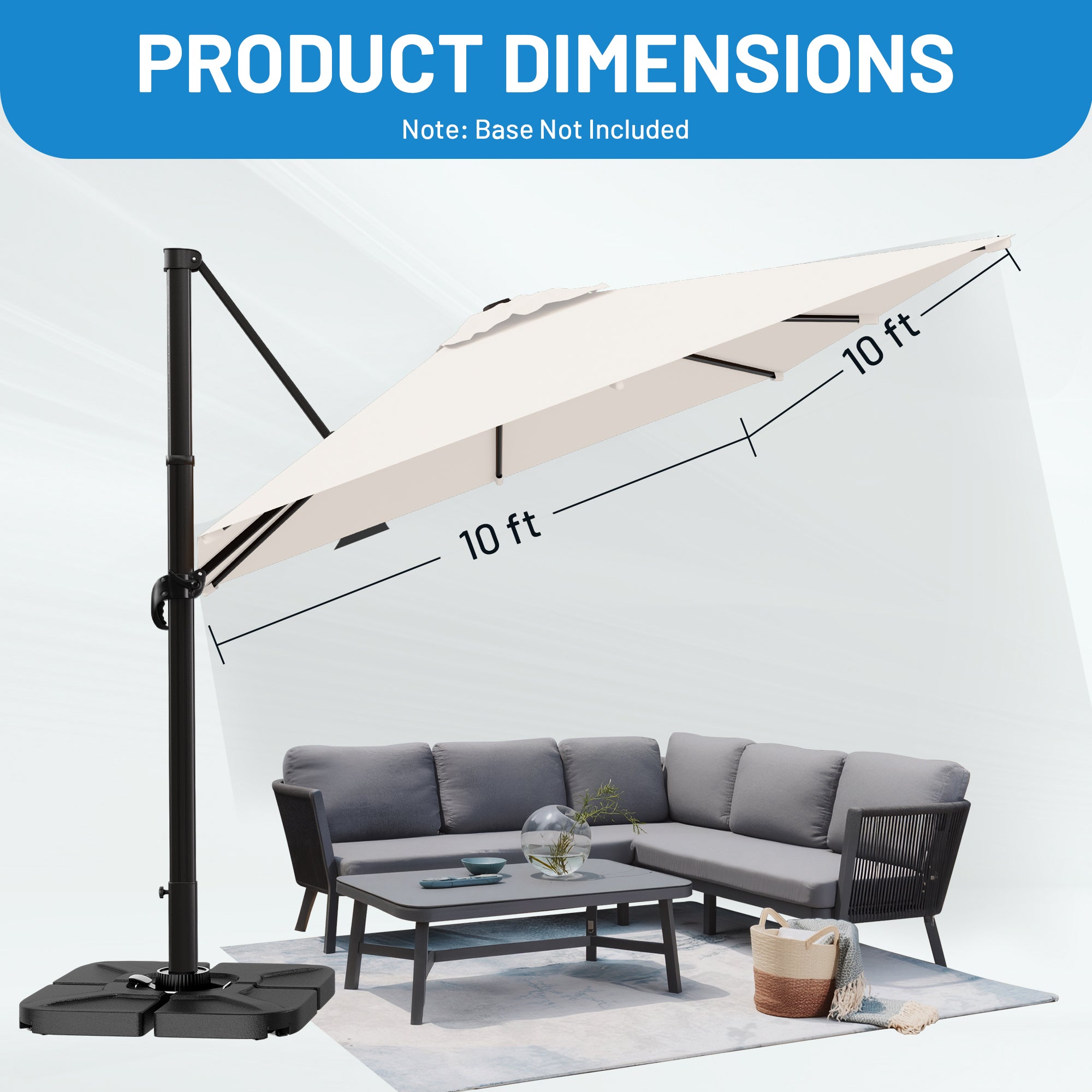 Easthome 10 × 10FT Square Cantilever Patio Umbrella, 360° Rotating Offset Umbrella with Crank, 8 ribs, Outdoor Hanging Roman Umbrella for Garden Deck Backyard
