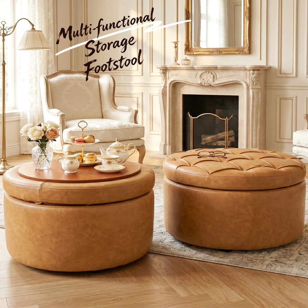 Easthome Multi-Function Round Storage Ottoman with Lockable Casters, Detachable Wood Tray Top, Button Tufted Foot Stool for Living Room Bedroom Study