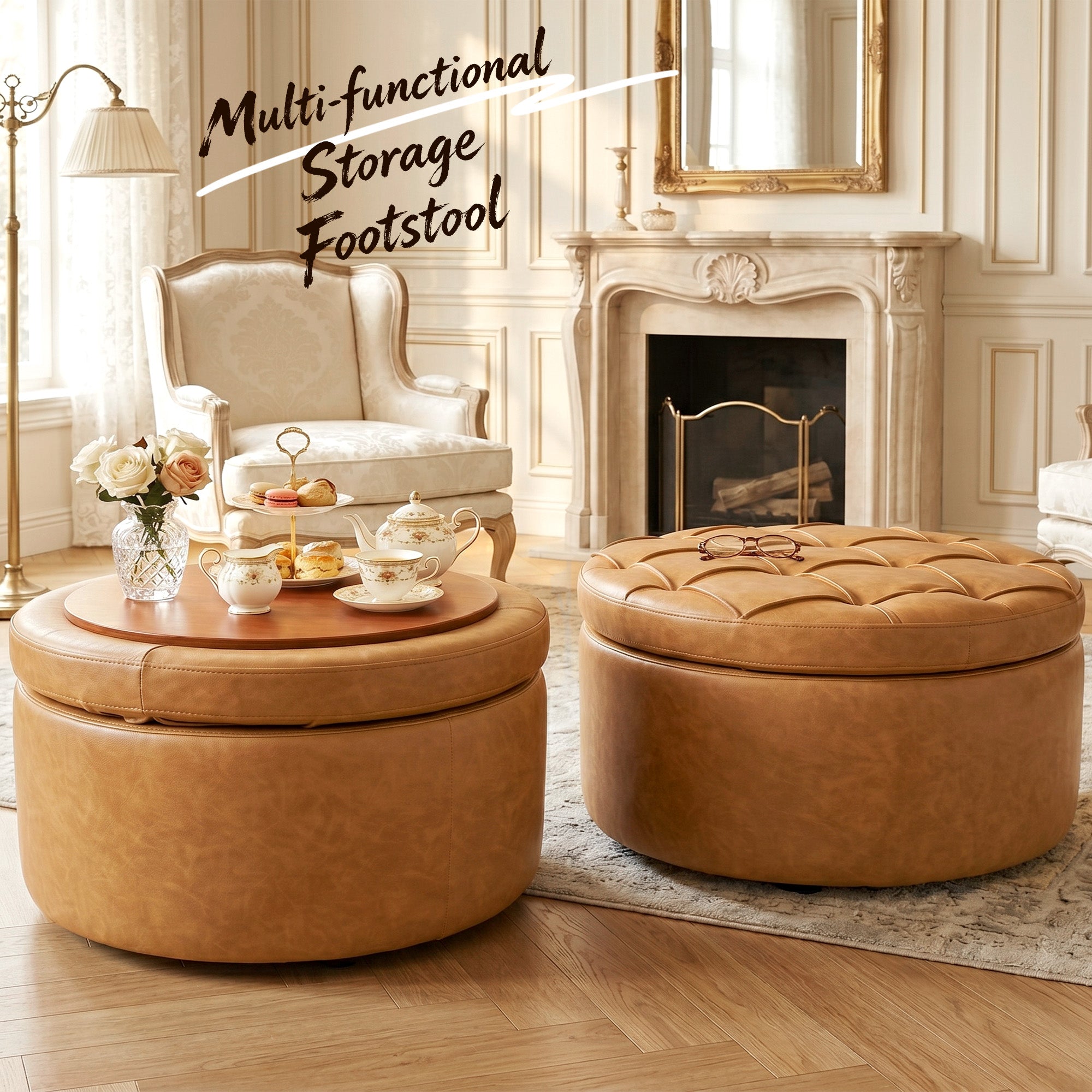 Easthome Multi-Function Round Storage Ottoman with Lockable Casters, Detachable Wood Tray Top, Button Tufted Foot Stool for Living Room Bedroom Study
