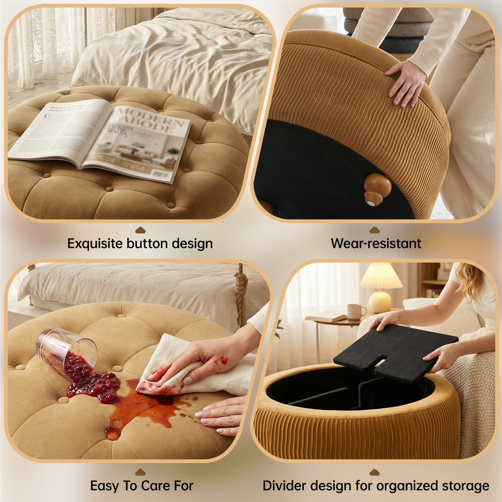 Easthome Round Storage Ottoman, Divided Compartment, Removable Top, Solid Wood Gourd-Shaped Legs, Button Tufted Multi-Function Footrest Bench for Living Room, Bedroom