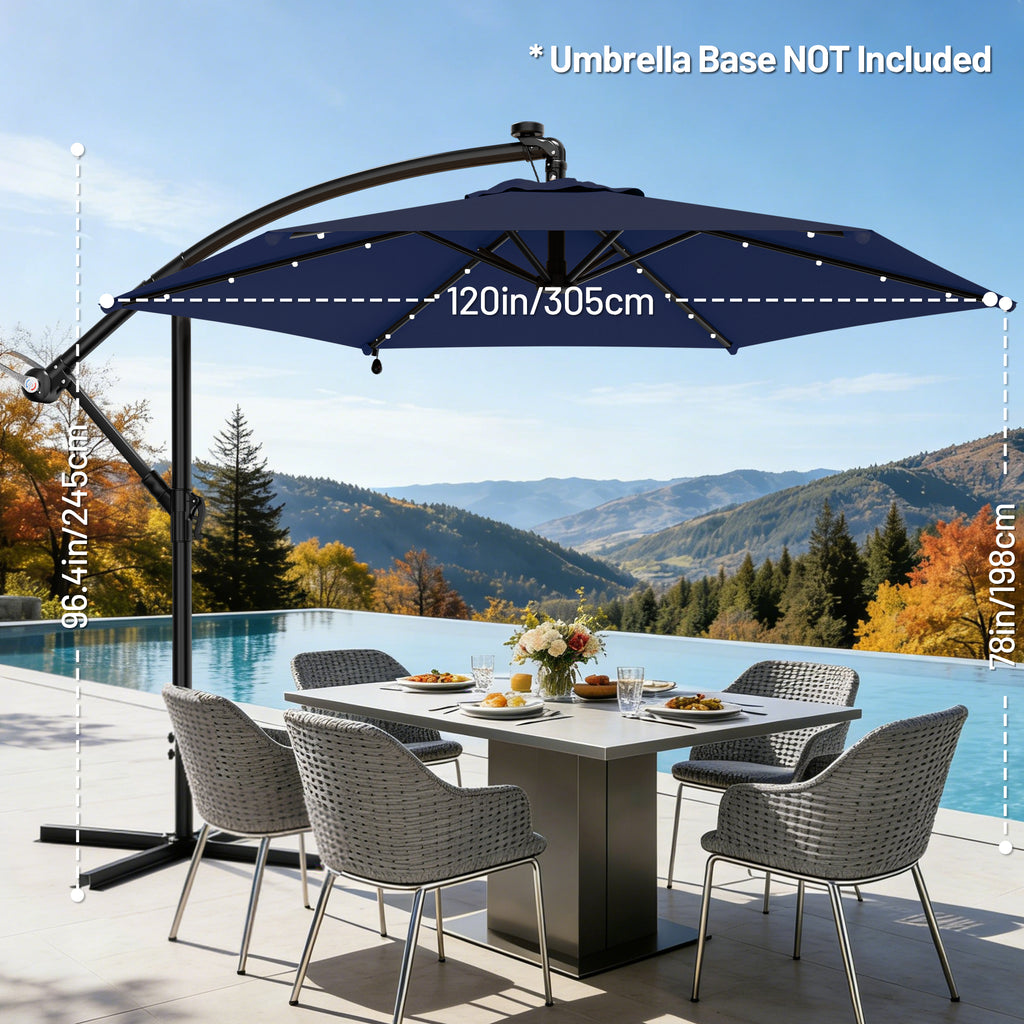 Easthome 10ft Solar LED Offset Hanging Market Patio Umbrella for Backyard, Poolside, Lawn and Garden w/Easy Tilt Adjustment, Polyester Shade, 6 Ribs