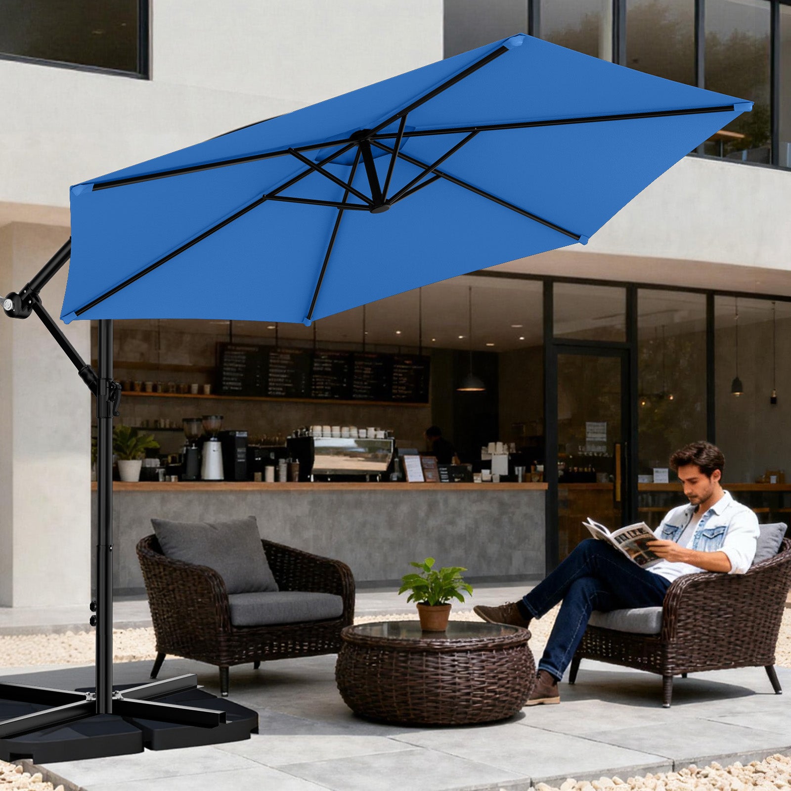 Easthome 10ft Offset Hanging Market Patio Umbrella for Backyard, Poolside, Lawn and Garden w/Easy Tilt Adjustment, Polyester Shade, 6 Ribs