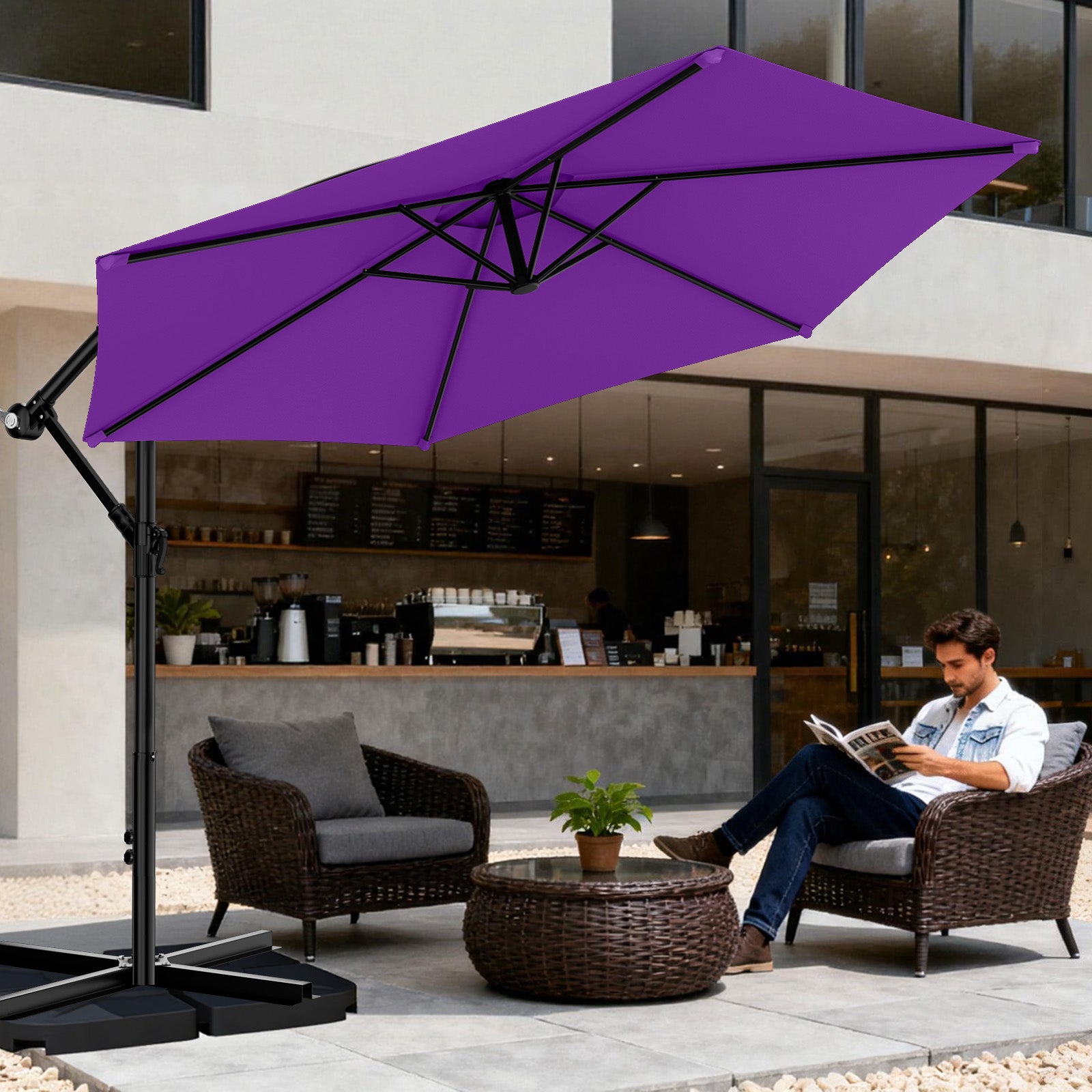 Easthome 10ft Offset Hanging Market Patio Umbrella for Backyard, Poolside, Lawn and Garden w/Easy Tilt Adjustment, Polyester Shade, 6 Ribs