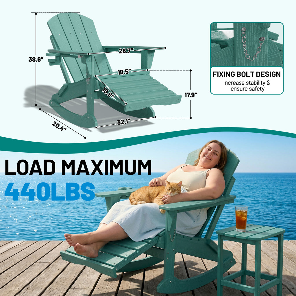 Easthome 4-in-1 Folding Adirondack Rocking Chair with Ottoman & Dual Cup Holders, Wood Texture HDPE All-Weather Outdoor Lounge Chair for Patio, Backyard, Pool