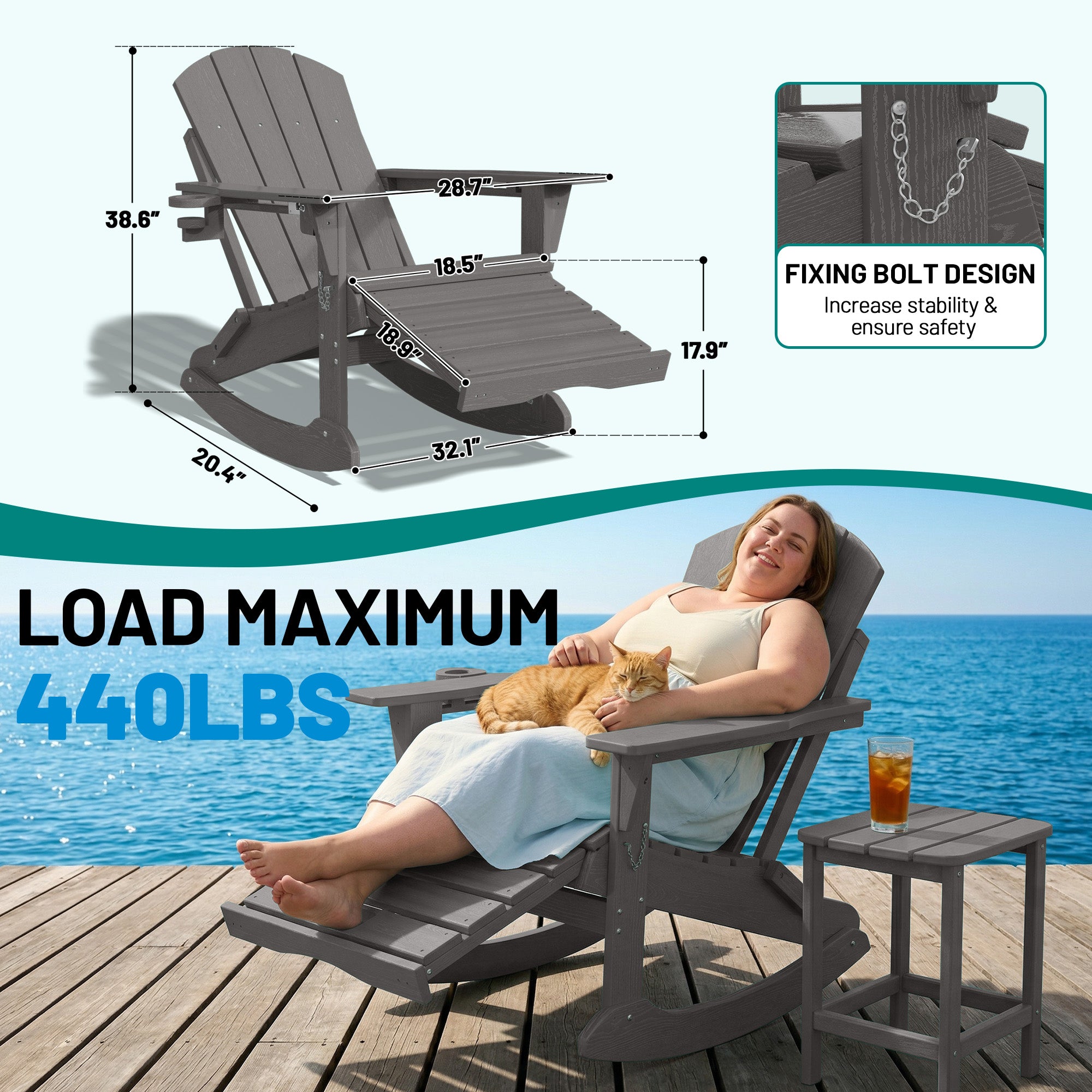 Easthome 4-in-1 Folding Adirondack Rocking Chair with Ottoman & Dual Cup Holders, Wood Texture HDPE All-Weather Outdoor Lounge Chair for Patio, Backyard, Pool
