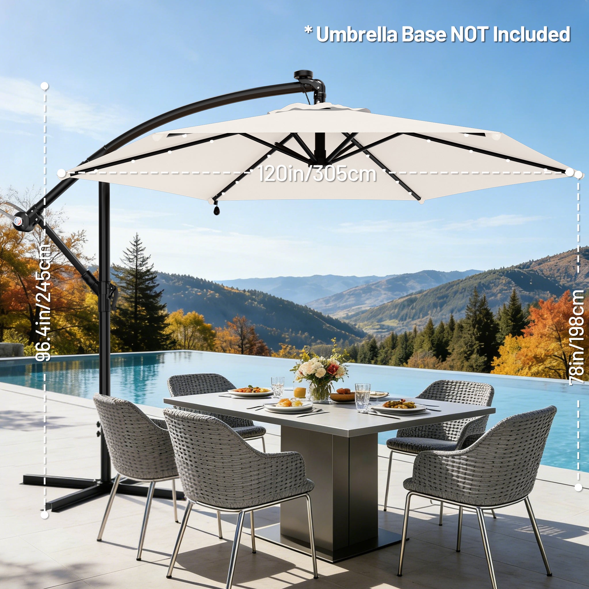 Easthome 10ft Solar LED Offset Hanging Market Patio Umbrella for Backyard, Poolside, Lawn and Garden w/Easy Tilt Adjustment, Polyester Shade, 6 Ribs