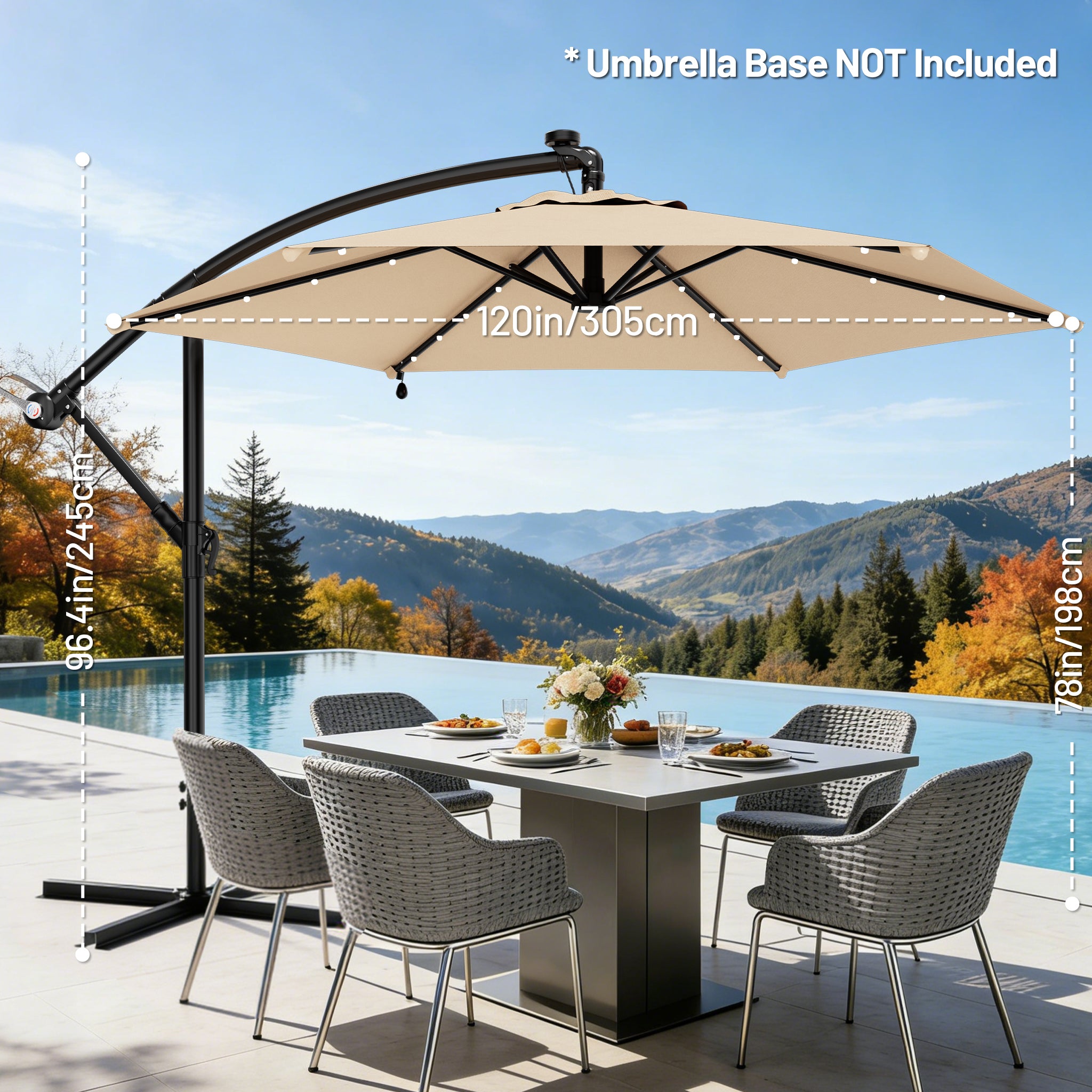 Easthome 10ft Solar LED Offset Hanging Market Patio Umbrella for Backyard, Poolside, Lawn and Garden w/Easy Tilt Adjustment, Polyester Shade, 6 Ribs