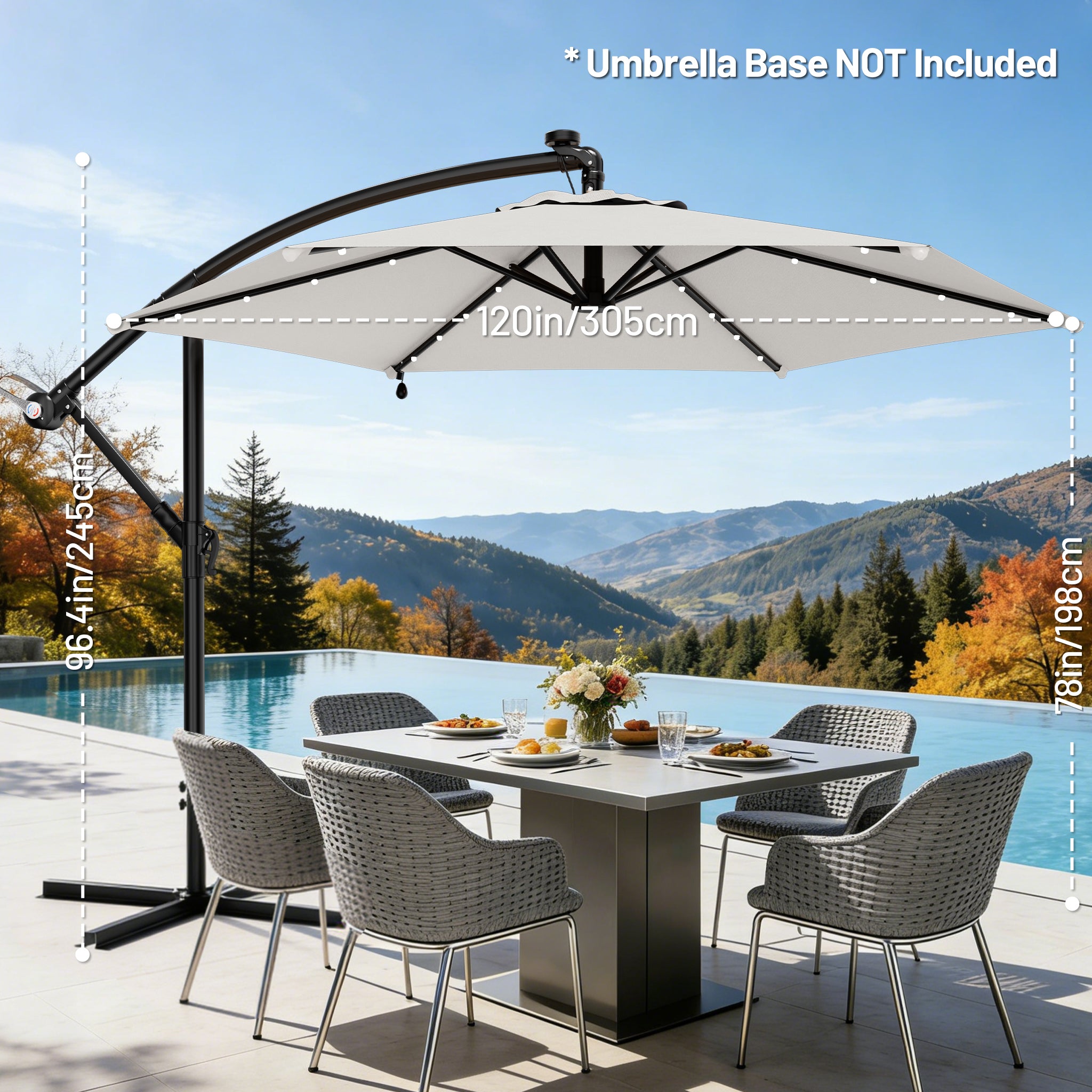 Easthome 10ft Solar LED Offset Hanging Market Patio Umbrella for Backyard, Poolside, Lawn and Garden w/Easy Tilt Adjustment, Polyester Shade, 6 Ribs