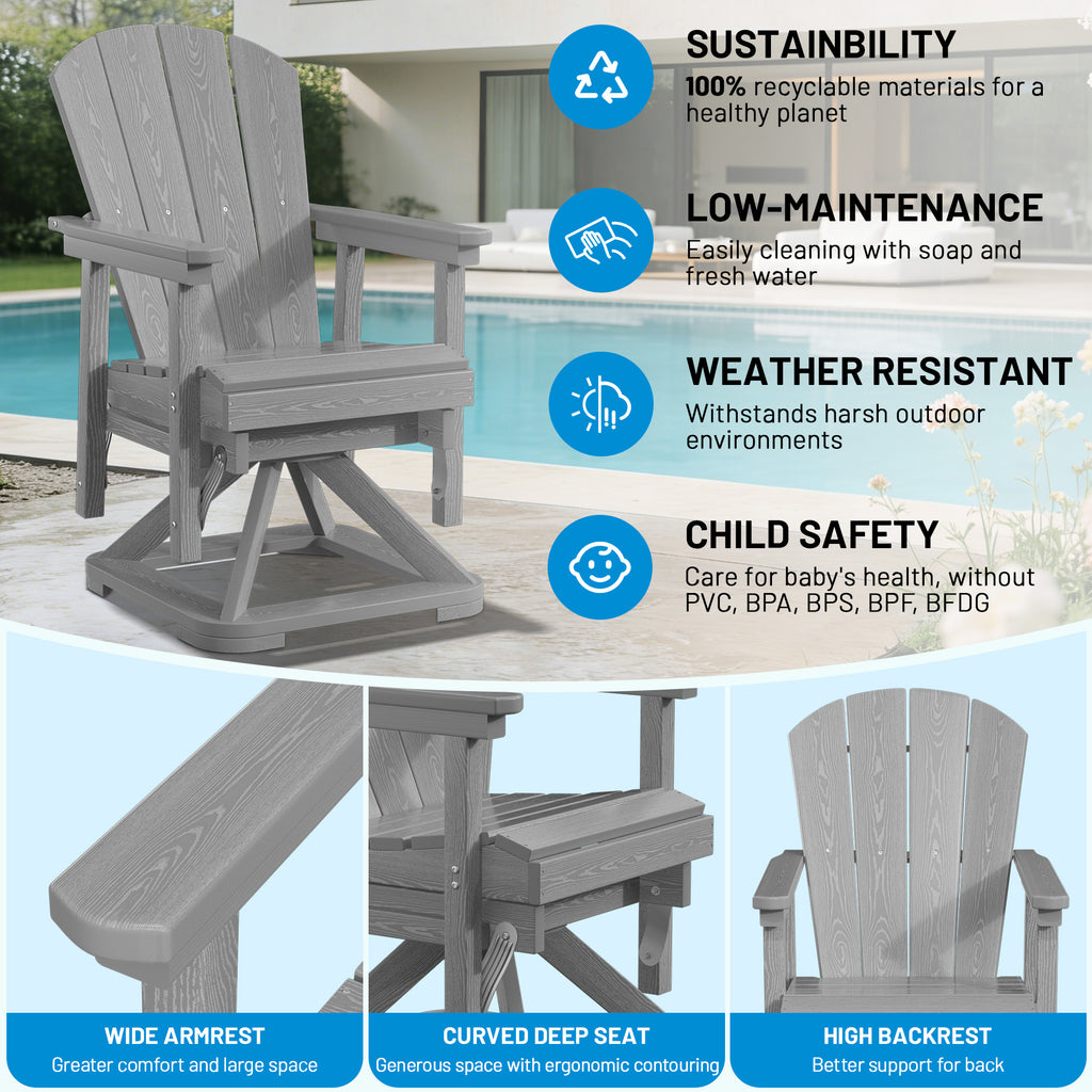 Easthome 360°Swivel Glider Adirondack Chair All-Weather HDPE Outdoor Rocking Chair with Ergonomic Backrest, Outdoor Swivel Rocker for Patio, Porch & Deck