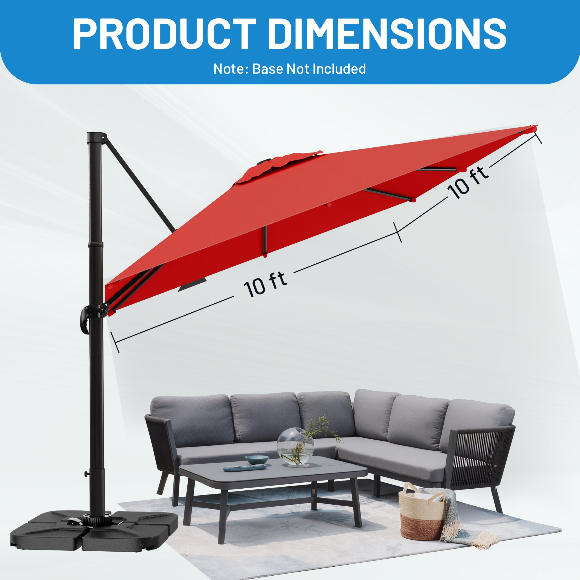 Easthome 10 × 10FT Square Cantilever Patio Umbrella, 360° Rotating Offset Umbrella with Crank, 8 ribs, Outdoor Hanging Roman Umbrella for Garden Deck Backyard
