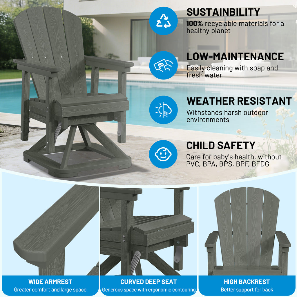 Easthome 360°Swivel Glider Adirondack Chair All-Weather HDPE Outdoor Rocking Chair with Ergonomic Backrest, Outdoor Swivel Rocker for Patio, Porch & Deck