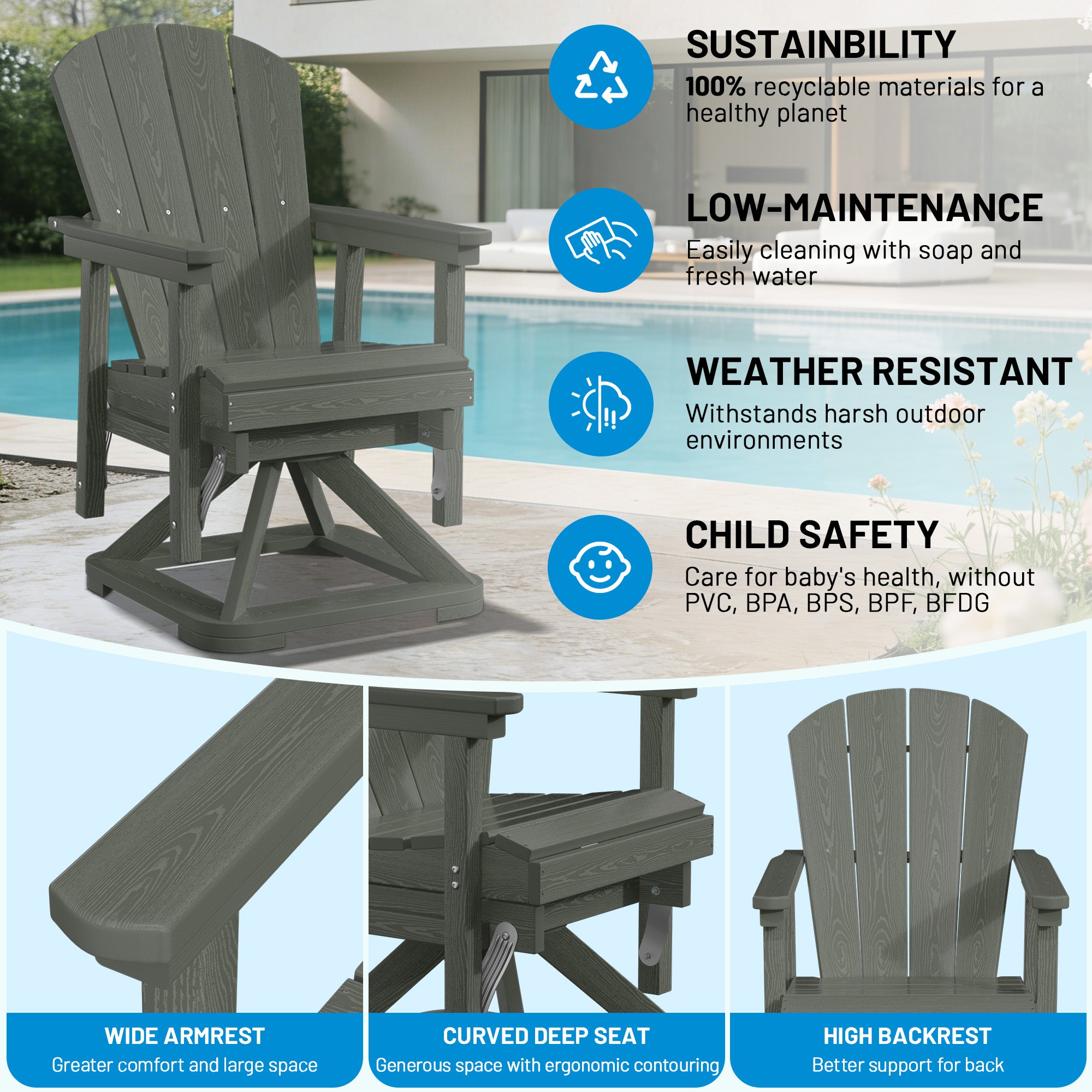 Easthome 360°Swivel Glider Adirondack Chair All-Weather HDPE Outdoor Rocking Chair with Ergonomic Backrest, Outdoor Swivel Rocker for Patio, Porch & Deck