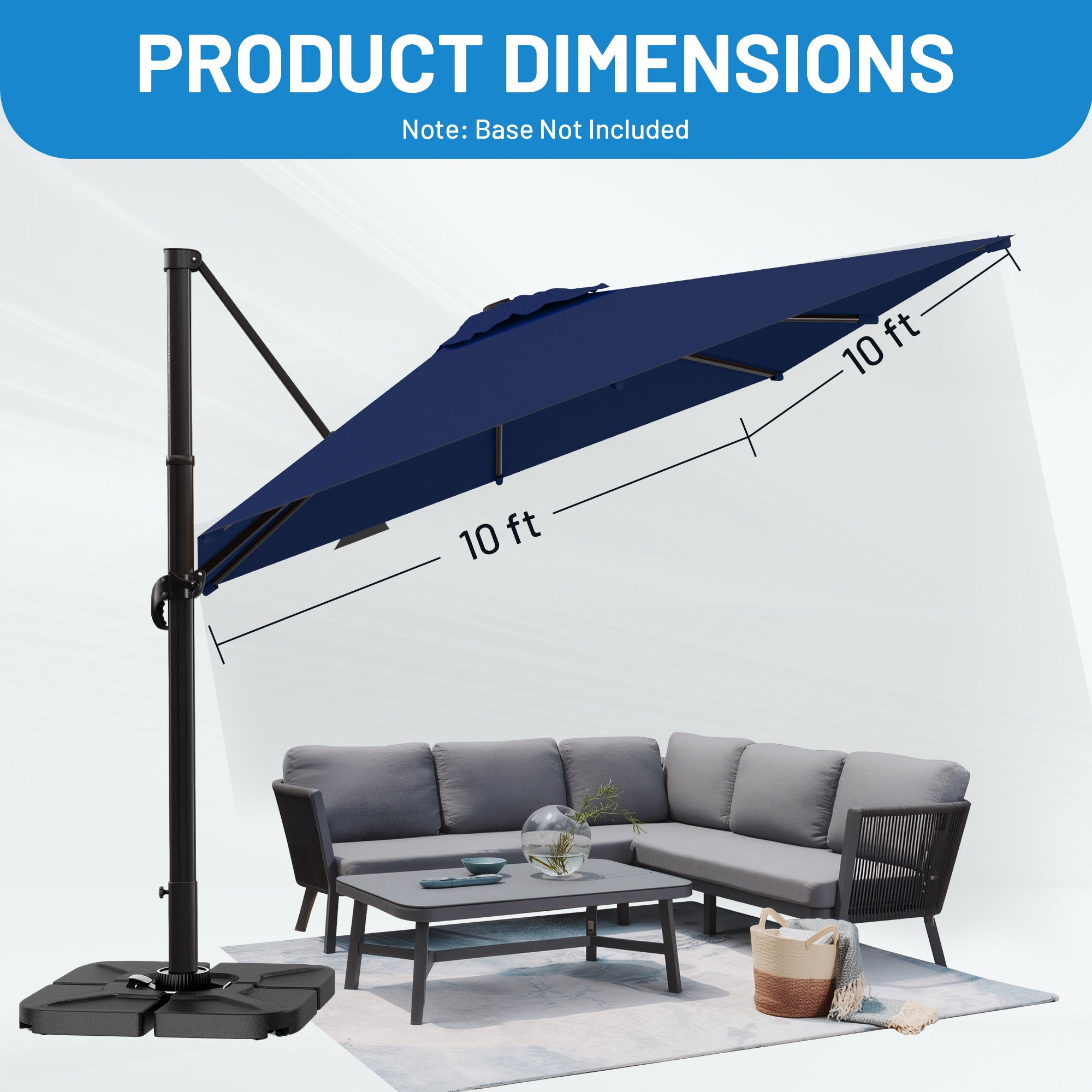 Easthome 10 × 10FT Square Cantilever Patio Umbrella, 360° Rotating Offset Umbrella with Crank, 8 ribs, Outdoor Hanging Roman Umbrella for Garden Deck Backyard