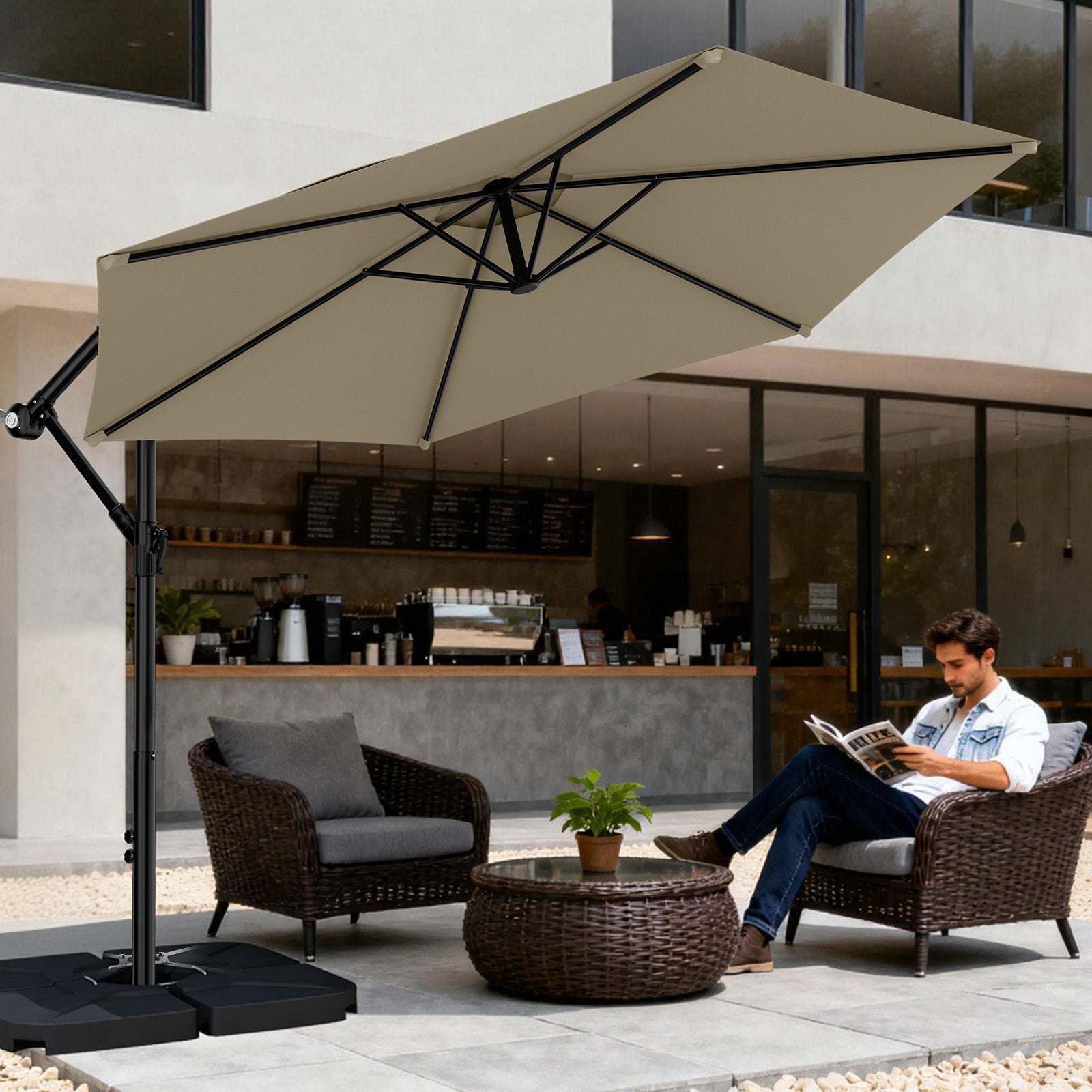 Easthome 10ft Offset Hanging Market Patio Umbrella for Backyard, Poolside, Lawn and Garden w/Easy Tilt Adjustment, Polyester Shade, 6 Ribs