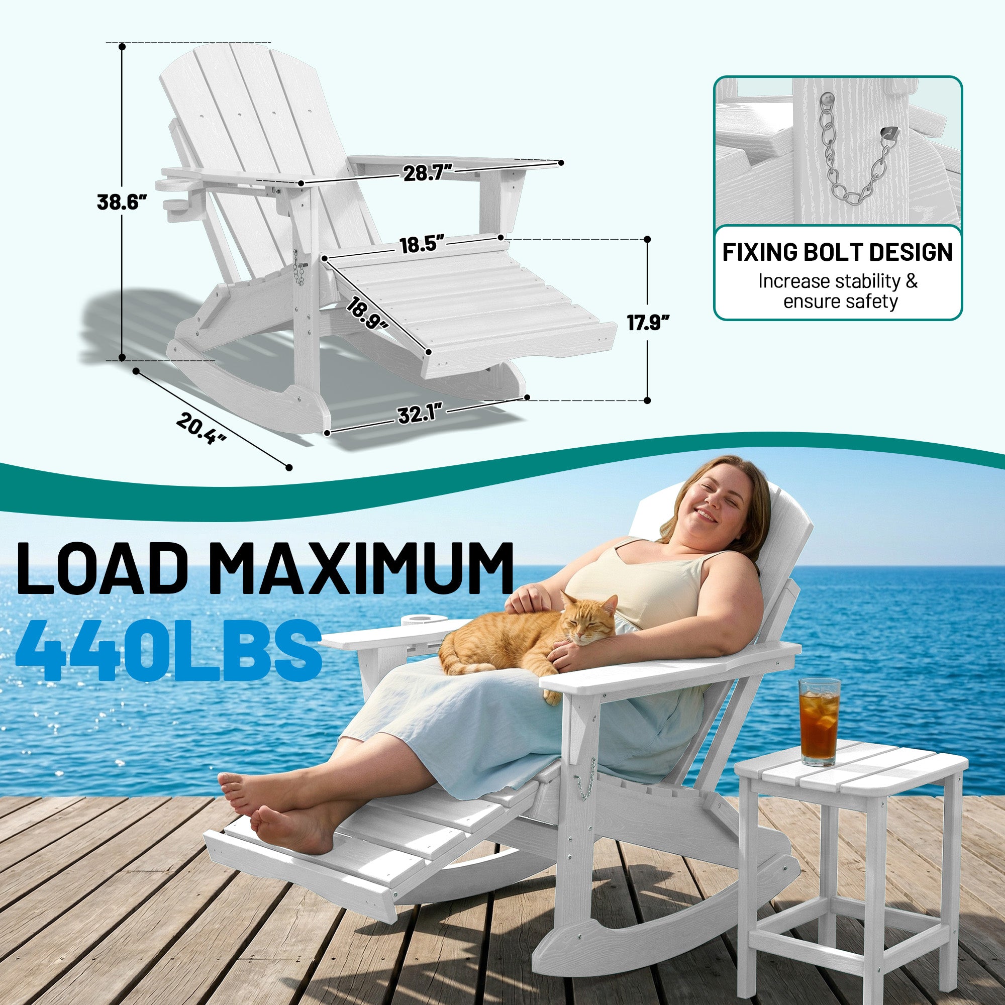 Easthome 4-in-1 Folding Adirondack Rocking Chair with Ottoman & Dual Cup Holders, Wood Texture HDPE All-Weather Outdoor Lounge Chair for Patio, Backyard, Pool