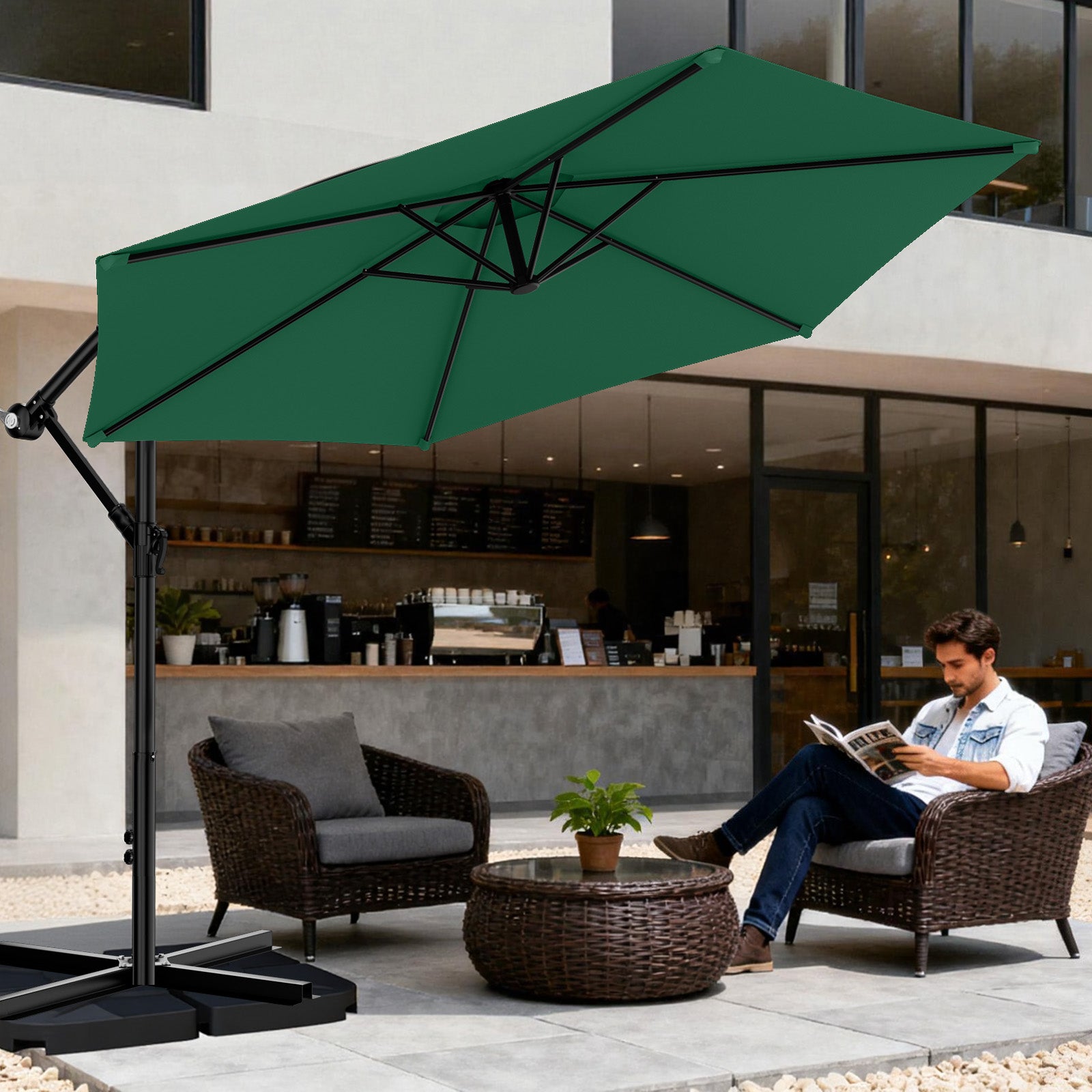Easthome 10ft Offset Hanging Market Patio Umbrella for Backyard, Poolside, Lawn and Garden w/Easy Tilt Adjustment, Polyester Shade, 6 Ribs