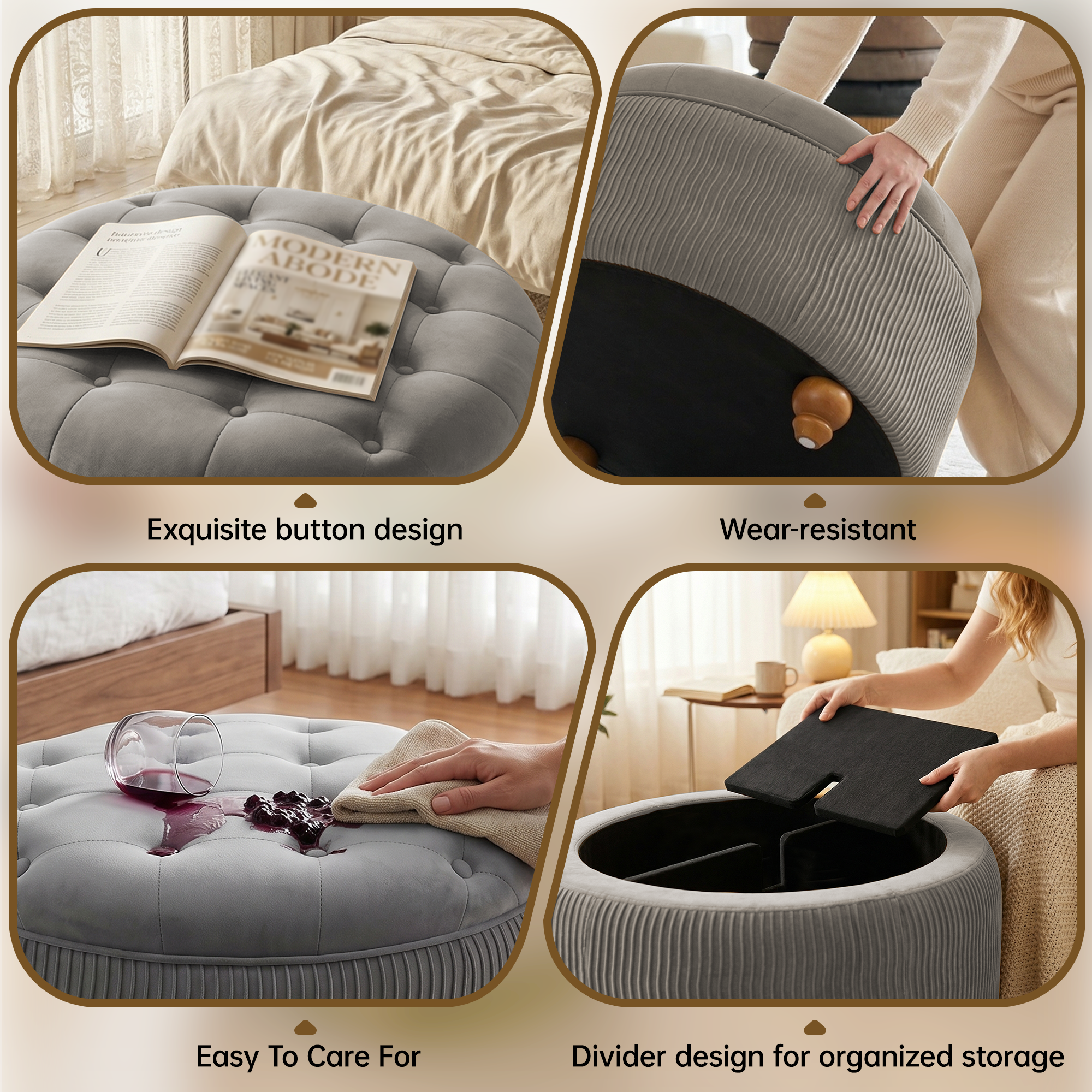 Easthome Round Storage Ottoman, Divided Compartment, Removable Top, Solid Wood Gourd-Shaped Legs, Button Tufted Multi-Function Footrest Bench for Living Room, Bedroom
