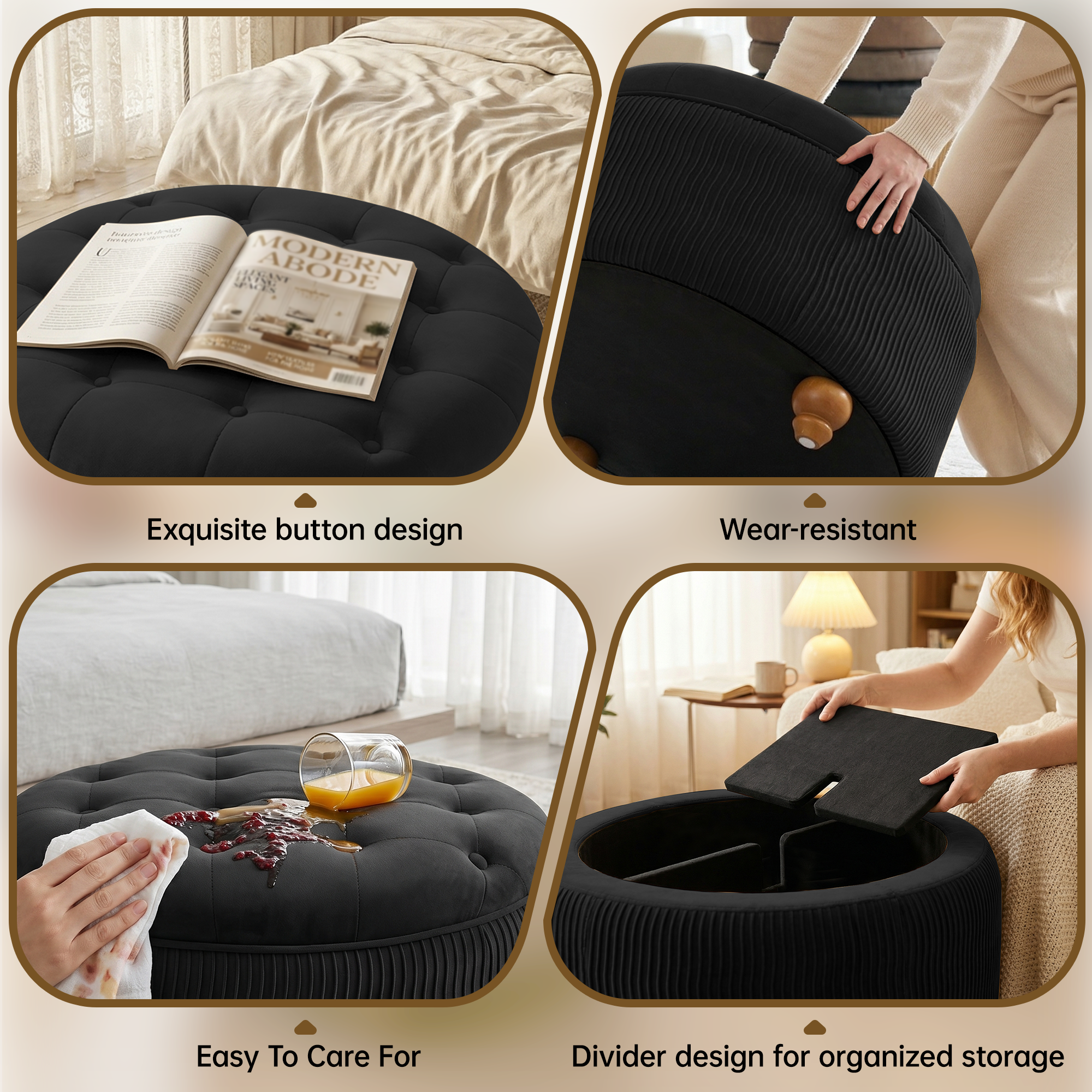 Easthome Round Storage Ottoman, Divided Compartment, Removable Top, Solid Wood Gourd-Shaped Legs, Button Tufted Multi-Function Footrest Bench for Living Room, Bedroom
