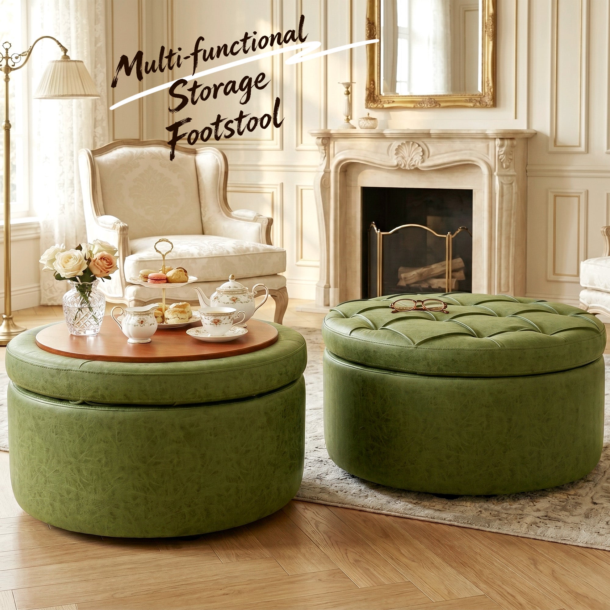 Easthome Multi-Function Round Storage Ottoman with Lockable Casters, Detachable Wood Tray Top, Button Tufted Foot Stool for Living Room Bedroom Study