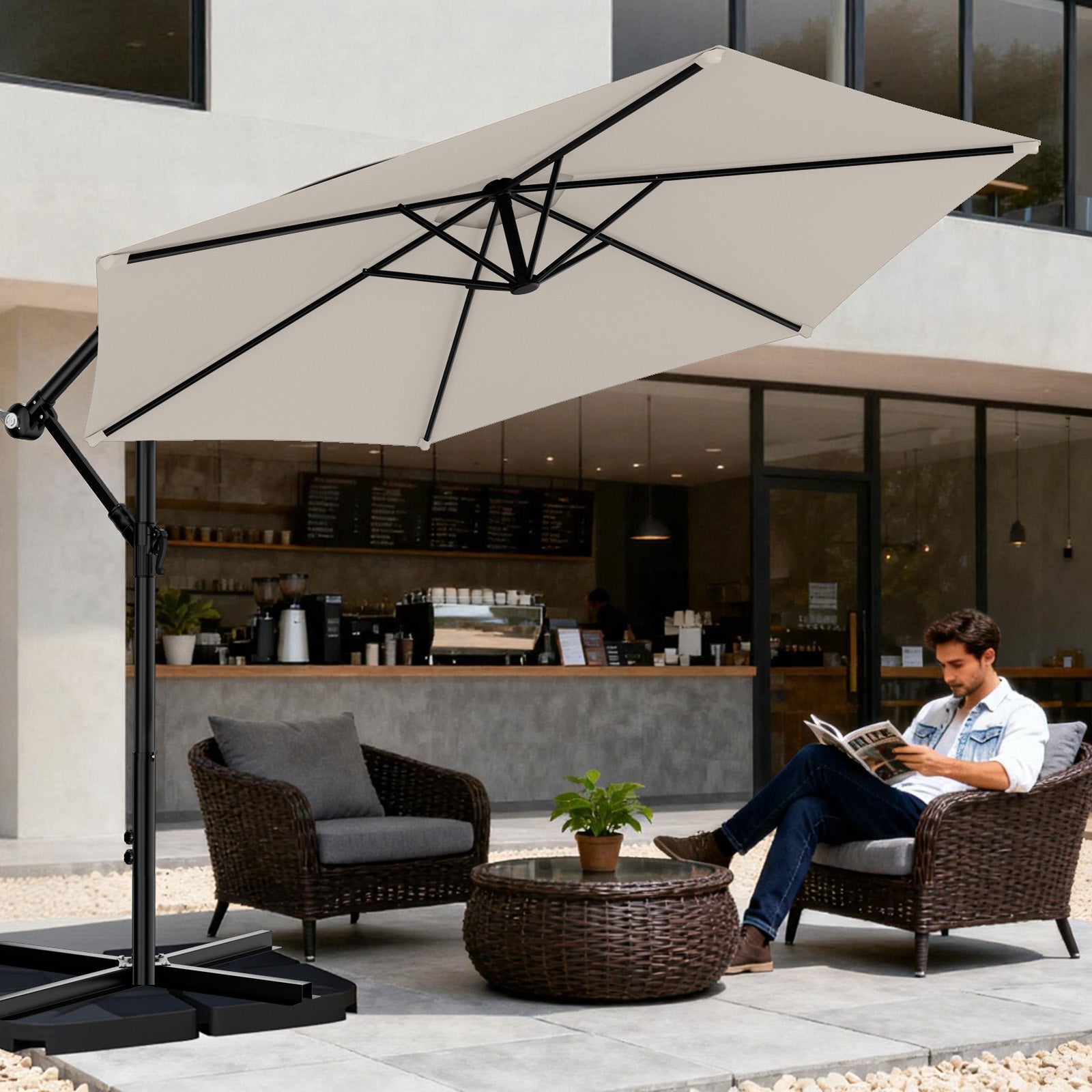 Easthome 10ft Offset Hanging Market Patio Umbrella for Backyard, Poolside, Lawn and Garden w/Easy Tilt Adjustment, Polyester Shade, 6 Ribs