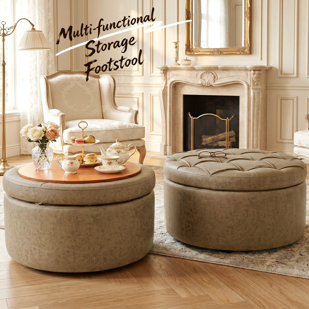 Easthome Multi-Function Round Storage Ottoman with Lockable Casters, Detachable Wood Tray Top, Button Tufted Foot Stool for Living Room Bedroom Study