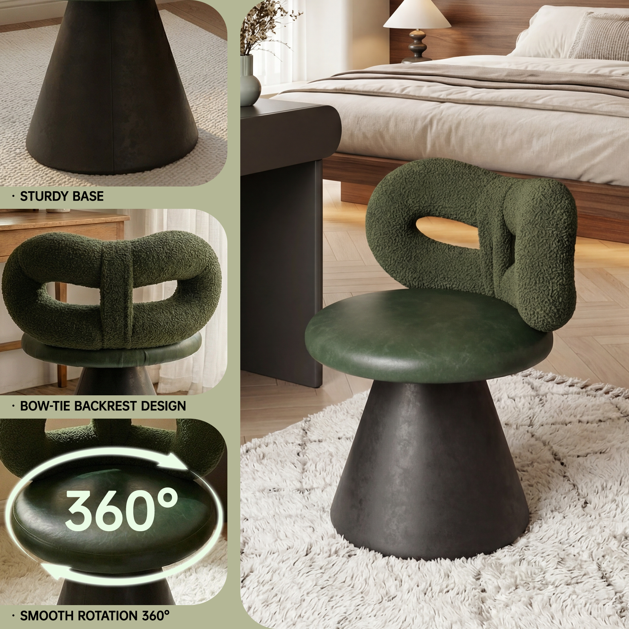 Easthome 360°Swivel Vanity Stool, Stain-Proof, Waterproof Round Bowtie Back Makeup Chair for Bedroom, Living Room, Vanity Room, Study