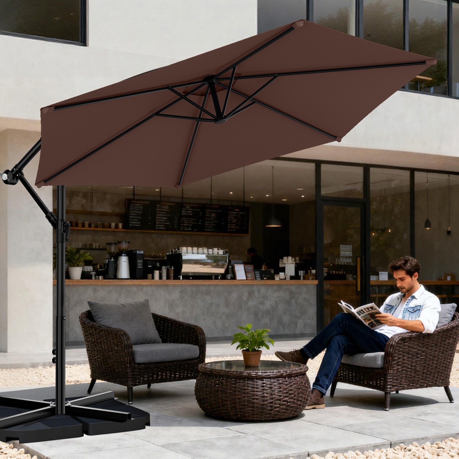 Easthome 10ft Offset Hanging Market Patio Umbrella for Backyard, Poolside, Lawn and Garden w/Easy Tilt Adjustment, Polyester Shade, 6 Ribs