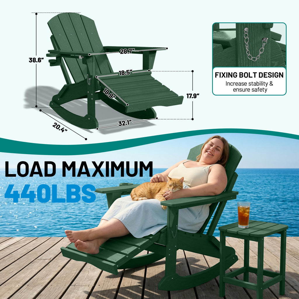 Easthome 4-in-1 Folding Adirondack Rocking Chair with Ottoman & Dual Cup Holders, Wood Texture HDPE All-Weather Outdoor Lounge Chair for Patio, Backyard, Pool