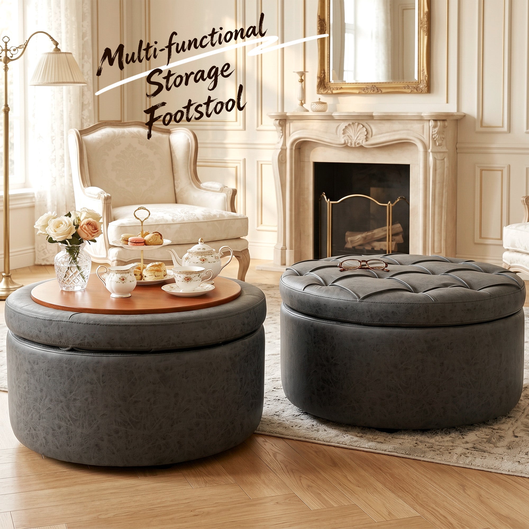Easthome Multi-Function Round Storage Ottoman with Lockable Casters, Detachable Wood Tray Top, Button Tufted Foot Stool for Living Room Bedroom Study