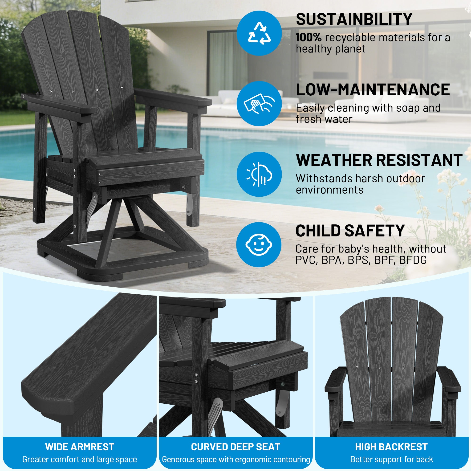 Easthome 360°Swivel Glider Adirondack Chair All-Weather HDPE Outdoor Rocking Chair with Ergonomic Backrest, Outdoor Swivel Rocker for Patio, Porch & Deck