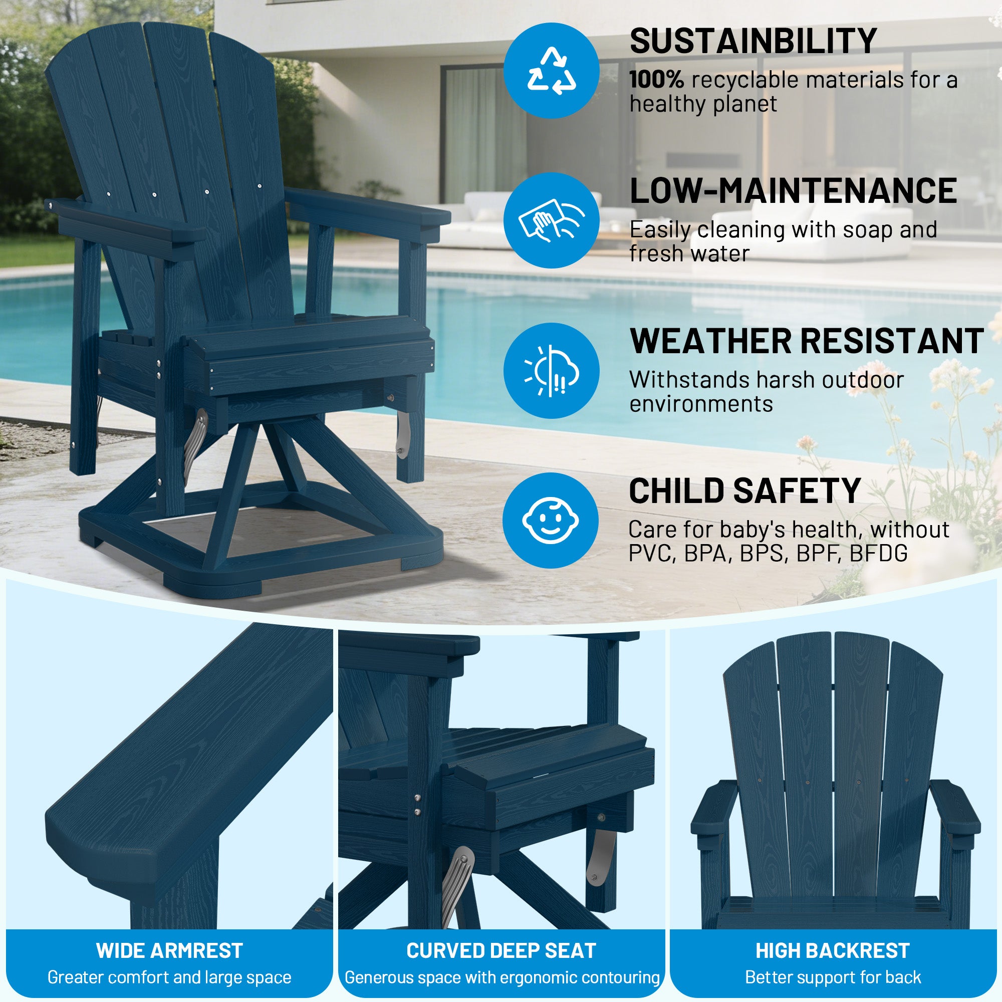 Easthome 360°Swivel Glider Adirondack Chair All-Weather HDPE Outdoor Rocking Chair with Ergonomic Backrest, Outdoor Swivel Rocker for Patio, Porch & Deck