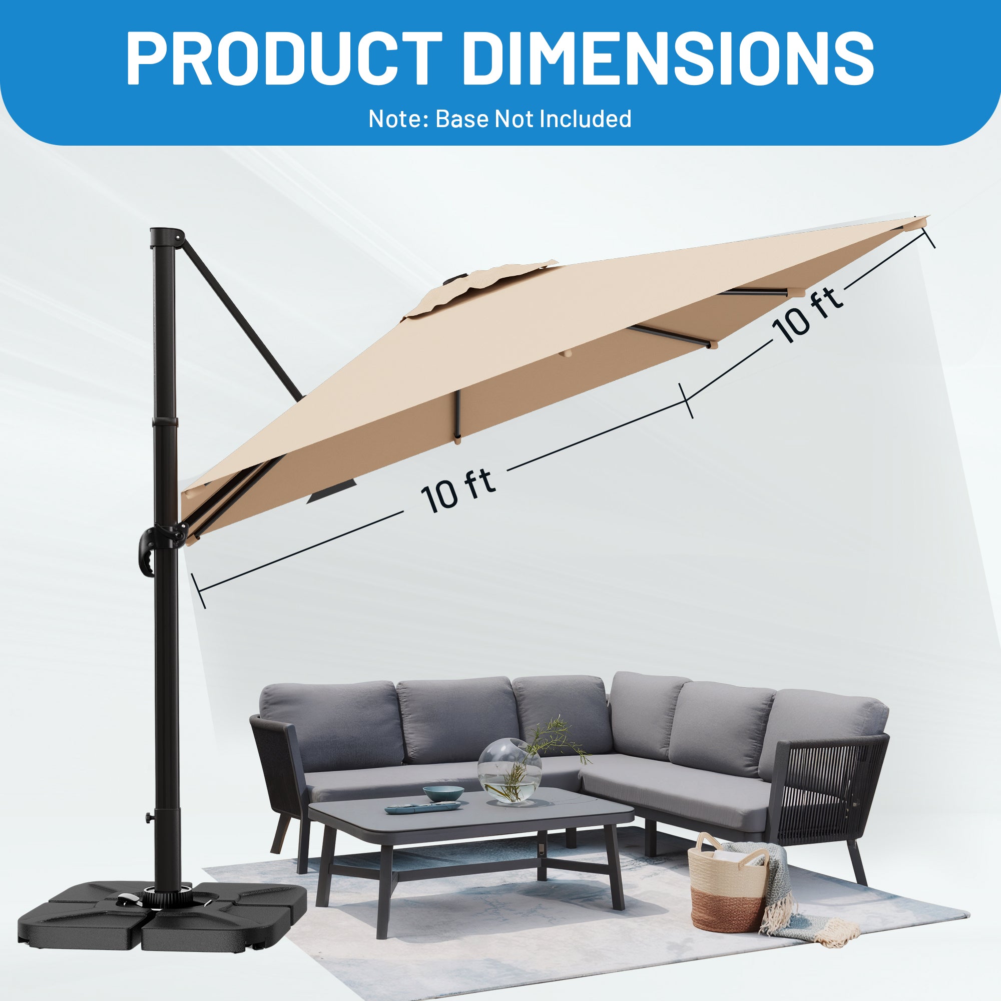 Easthome 10 × 10FT Square Cantilever Patio Umbrella, 360° Rotating Offset Umbrella with Crank, 8 ribs, Outdoor Hanging Roman Umbrella for Garden Deck Backyard