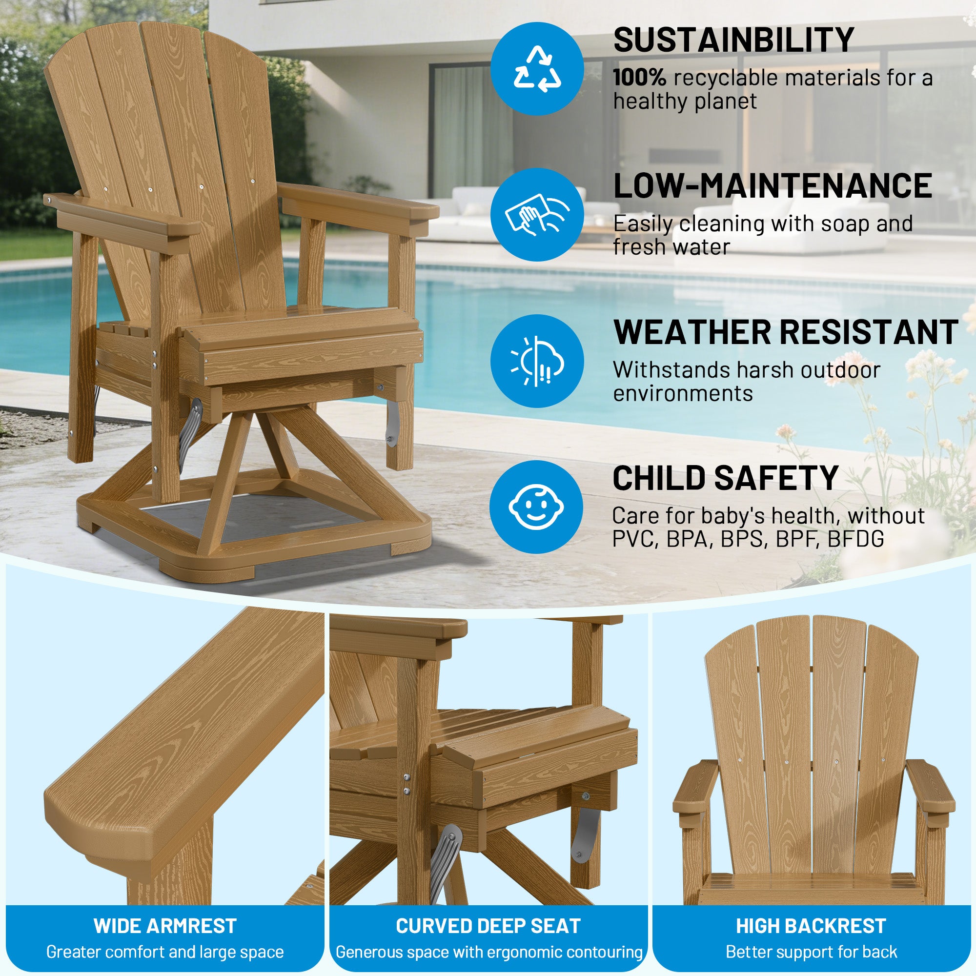 Easthome 360°Swivel Glider Adirondack Chair All-Weather HDPE Outdoor Rocking Chair with Ergonomic Backrest, Outdoor Swivel Rocker for Patio, Porch & Deck