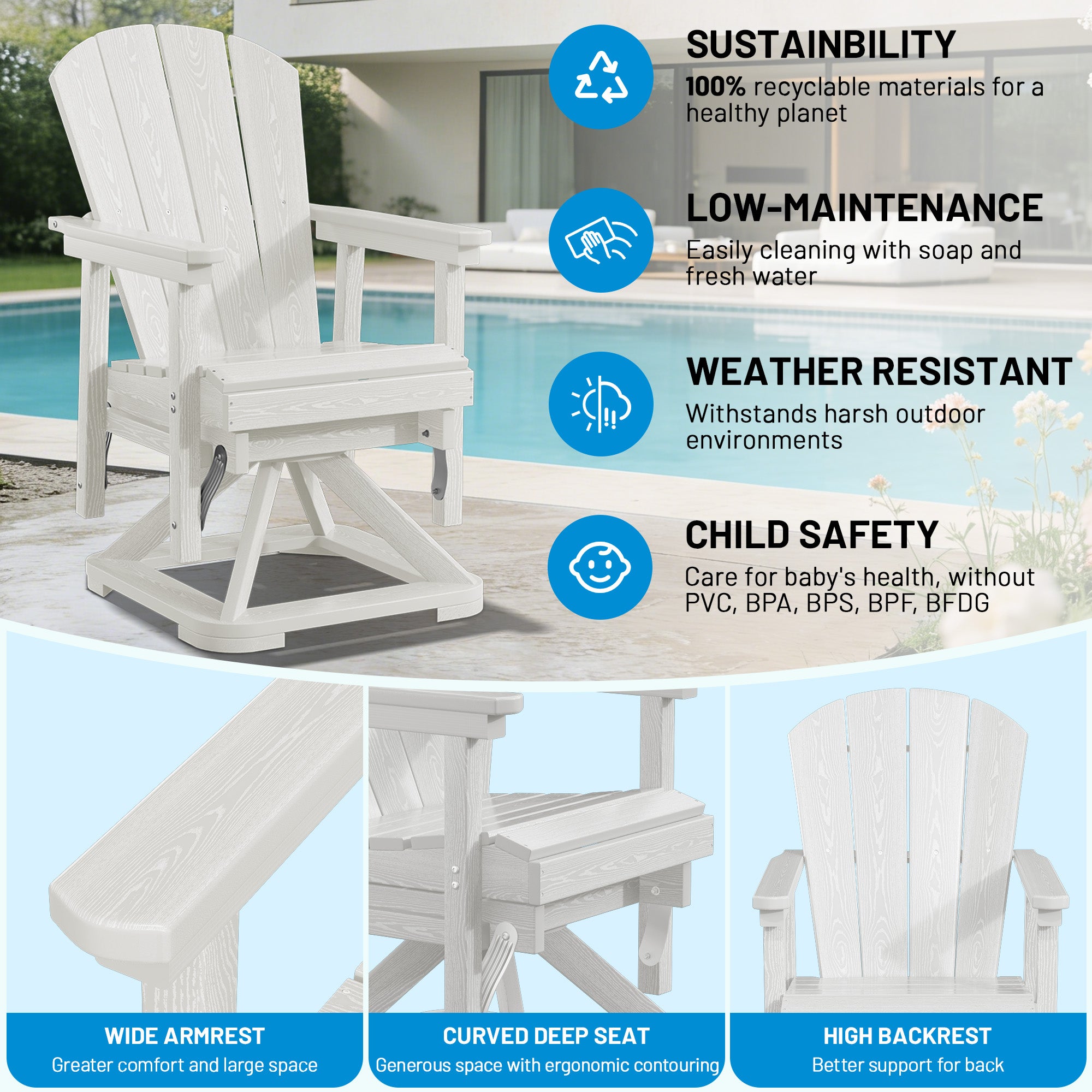 Easthome 360°Swivel Glider Adirondack Chair All-Weather HDPE Outdoor Rocking Chair with Ergonomic Backrest, Outdoor Swivel Rocker for Patio, Porch & Deck