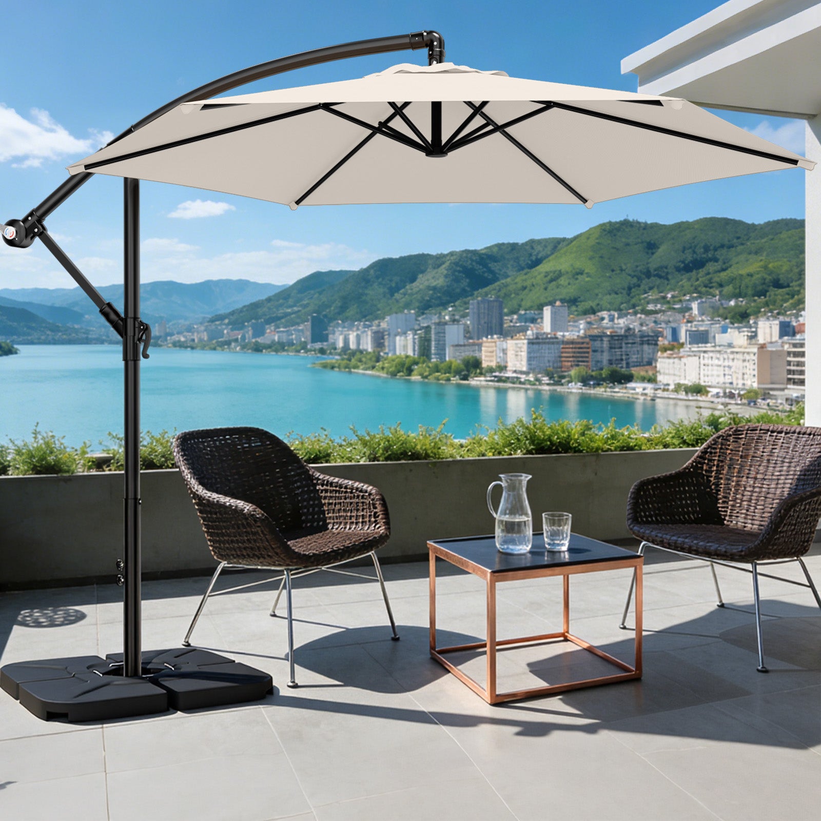 Easthome 10ft Offset Hanging Market Patio Umbrella for Backyard, Poolside, Lawn and Garden w/Easy Tilt Adjustment, Polyester Shade, 6 Ribs
